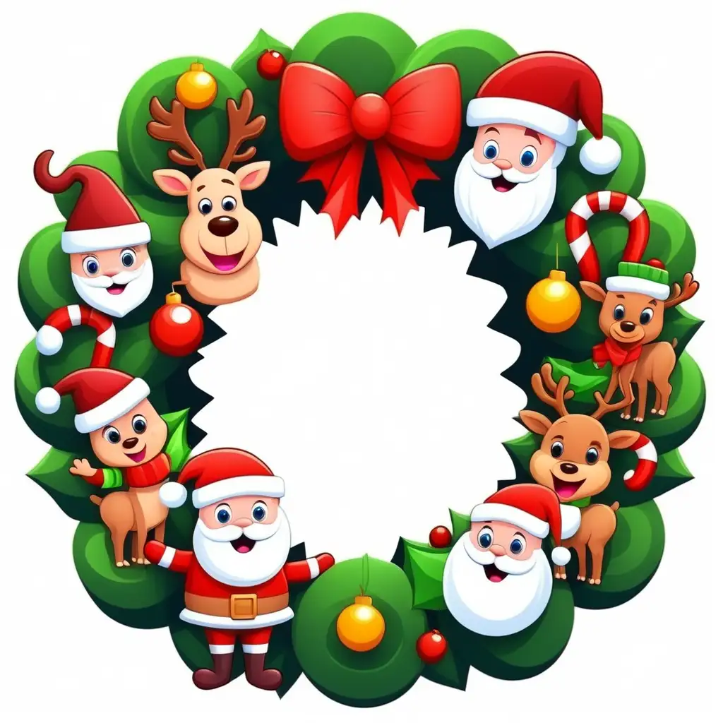 Cheerful Cartoon Christmas Wreath with Festive Characters and Decorations