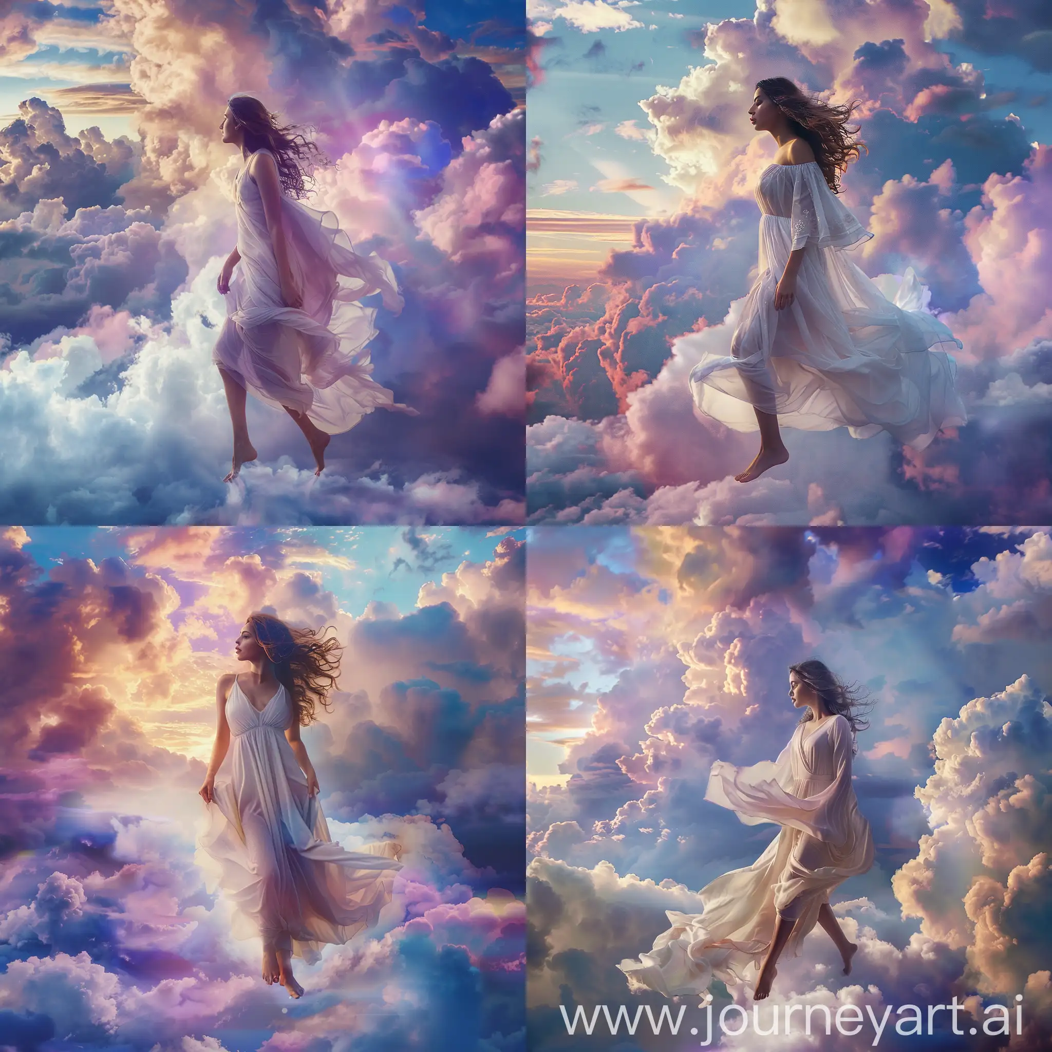 A captivating cinematic photo of a stunning muslimah with gorgeous loosely dress, walking barefoot on a layer of fluffy clouds. She is dressed in a flowing white gown that seems to blend with the clouds, giving an ethereal and surreal feel. The sky above her is a mix of vibrant blues and purples, with the sun casting a warm glow. The composition creates a sense of wonder and freedom, as if the girl is defying gravity and walking on air. photo, cinematic