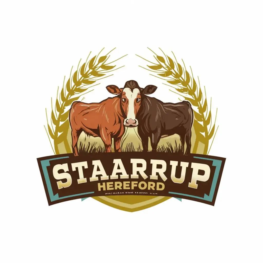 logo, 2 cows and 2 wheat, with the text "Staarup Hereford", typography