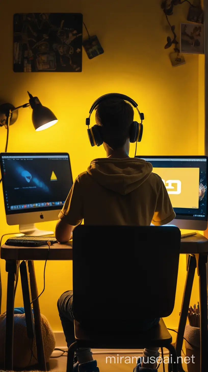 Teenage Boy Enjoying Music on Laptop in Cozy Room with Yellow Ambient Light