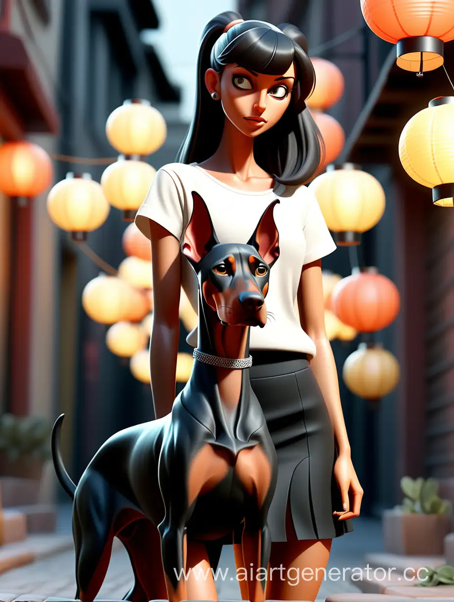 A girl in a white top and a black mini skirt with a doberman,night,lanterns,black long hair gathered in a ponytail,street photography style with highlights, extremely detailed, street photography, majism, large-scale figure, dazecore, color photography, magnificent details, photorealistic, over-detailed, excellent color reproduction, white balance, professional RGB-photography, Natural lighting, Cinematic lighting, Studio lighting, Soft lighting, Volumetric, Beautiful lighting, Accent lighting, Global lighting, Global illumination of the screen space, Scattering, Glow, Shadows, Post-processing, Post-production, Cell shading, Tonal display, insanely detailed and complex, hyperminimalistic, elegant, over-detailed, over-detailed, complex details, environment

