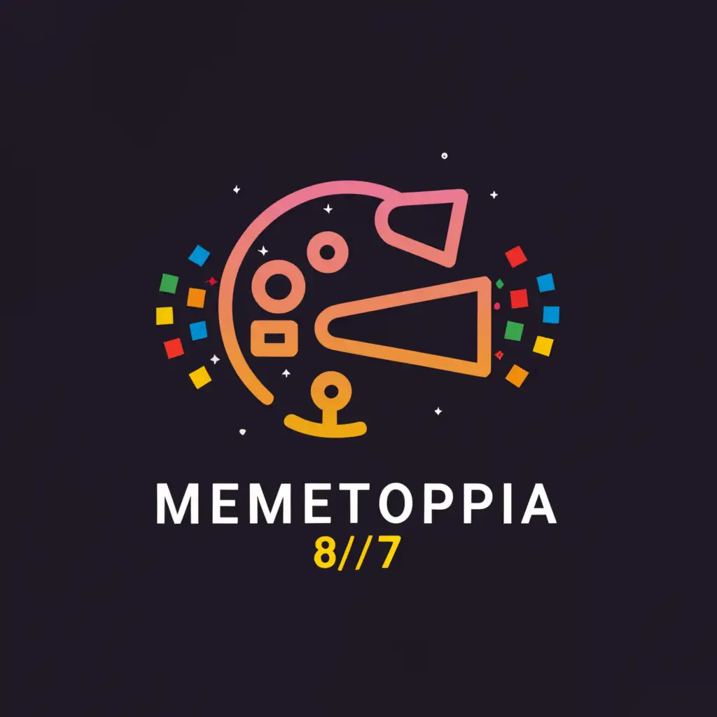 a logo design,with the text "Memetopia 8/7", main symbol:videocamera, fun, stars, black background, golden logo,Minimalistic,be used in Entertainment industry,clear background