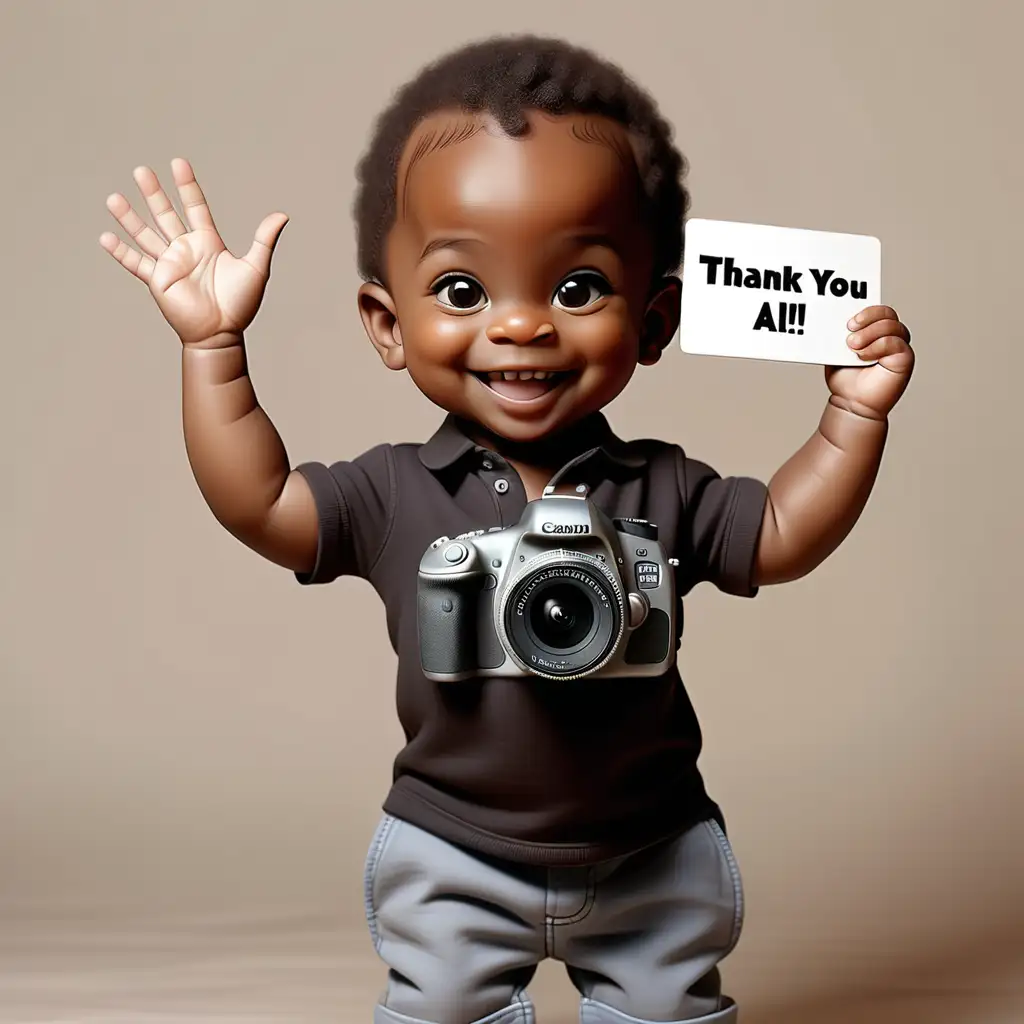 a one year old black child smiling lifting his two hand-ups while holding a canon camera on his left hand and a card that says thank you to all my client on his right hand