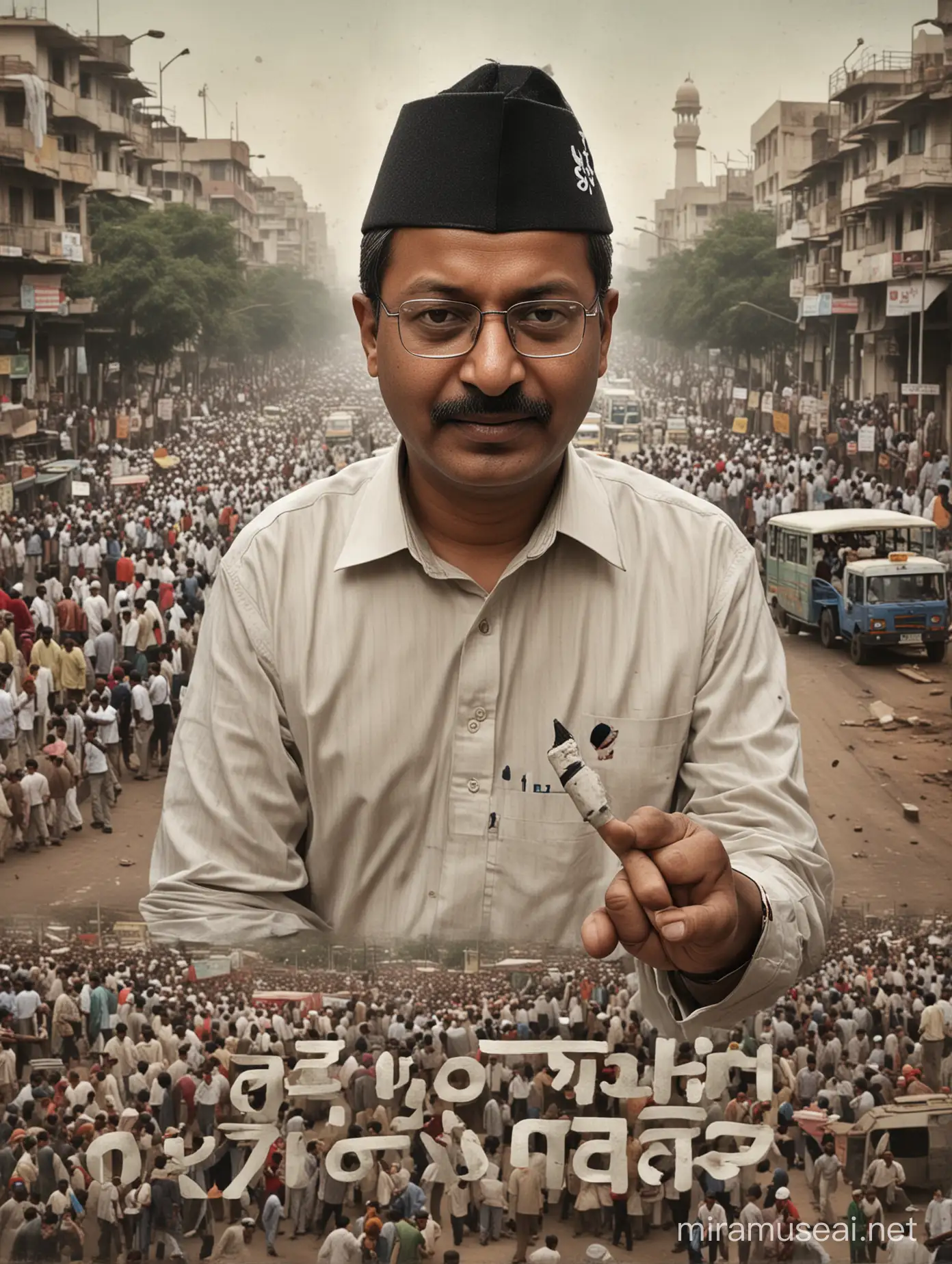 Concept: A satirical movie poster highlighting the controversies and allegations surrounding Arvind Kejriwal and the Aam Aadmi Party (AAP) in Delhi. Central Figure: Arvind Kejriwal, Chief Minister of Delhi, with a cunning or smug expression. His hands could be forming a heart shape around his eyes, similar to the original prompt, symbolizing a love for power and control. His eyes could be narrowed, suggesting a calculating or manipulative nature. His skin can have a muted or grayish hue, implying a lack of transparency or hidden agendas. Background: A collage of Delhi-specific elements, such as images of government schools, mohalla clinics, water tankers, electricity bills, and perhaps even onions (referencing past controversies). The Delhi Legislative Assembly building could be faintly visible in the background, representing the political landscape of Delhi. Text: Headline: "From Activist to CM: The Controversial Rise of Arvind Kejriwal" - This text should be in a bold, white font at the top of the image, providing context. Title: "DELHI DARBAR" (meaning "Court of Delhi") in large, stylized letters at the bottom, referencing the political power dynamics in Delhi. Credit: A small text mentioning the creator of the poster or a relevant source can be placed at the bottom corner. Style: The overall style should be dramatic and eye-catching, similar to a movie poster but with a clear satirical tone. The colors could be muted and contrasting, using shades of gray, black, and white with splashes of color related to the AAP party to create a sense of ambiguity and intrigue. Additional elements: You may incorporate subtle details like the AAP party symbol (broom), a muffler (Kejriwal's signature attire), or references to specific controversies or scandals associated with him or the party. Mood: The image should evoke feelings of skepticism, curiosity, and raise questions about the political landscape and governance in Delhi.