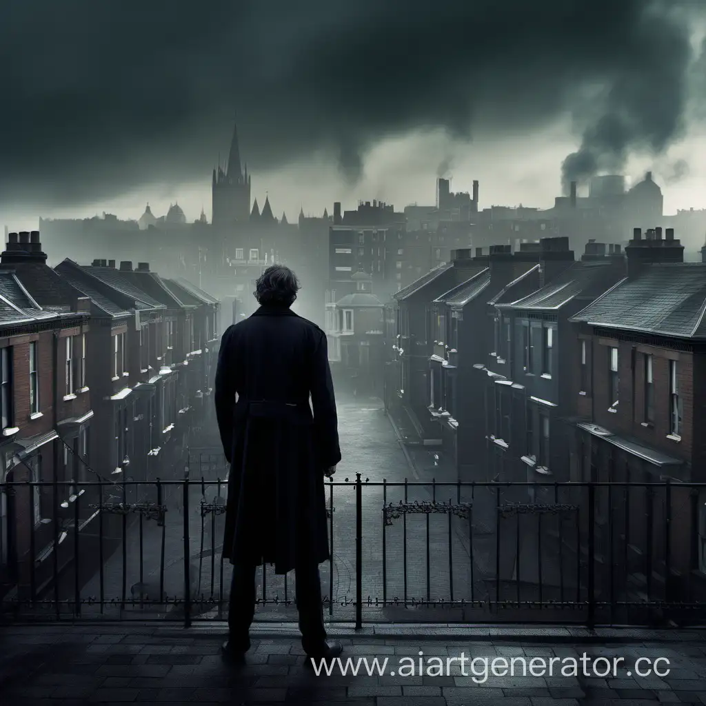 Мужчина стоит спиной на фоне мрачного викторианского города