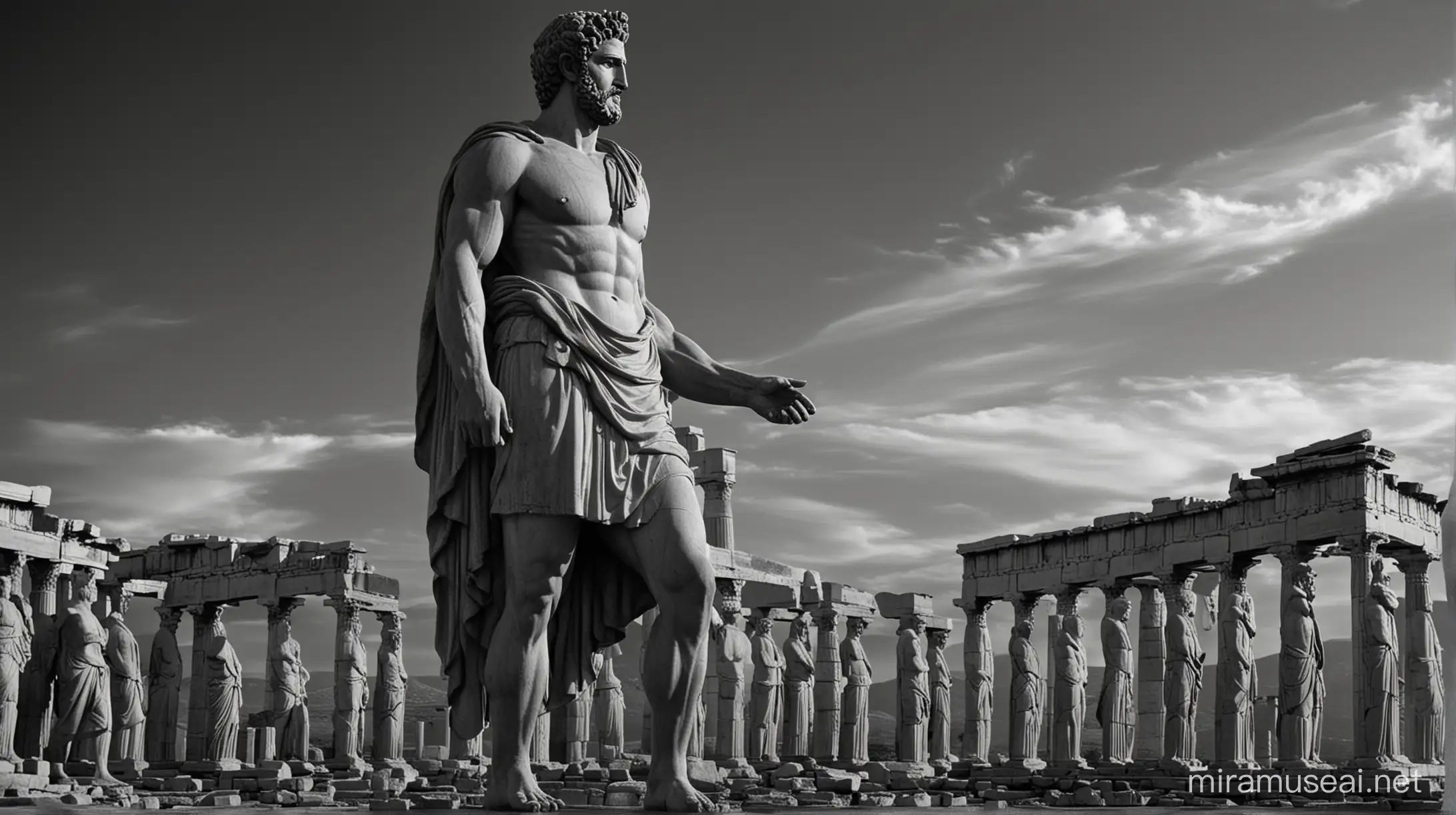 dark landscape image of an ancient greek society deeply connected to stoicism, black and white, ancient greek architecture, include one single big statue of a stereotypical strong greek man, marcus aurelius --ar 16:9