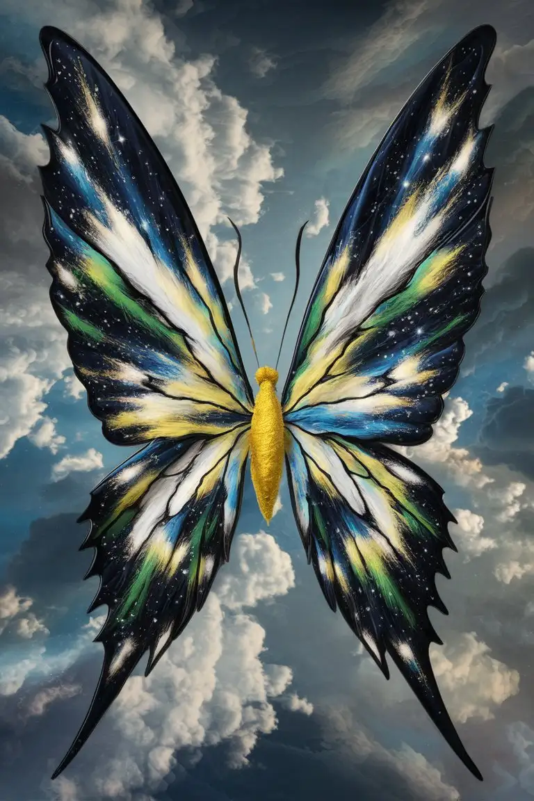 Butterfly with sky pattern,blue,whize,green,very colourful,yellow body,insanely detailed,galaxy,fantasy art,