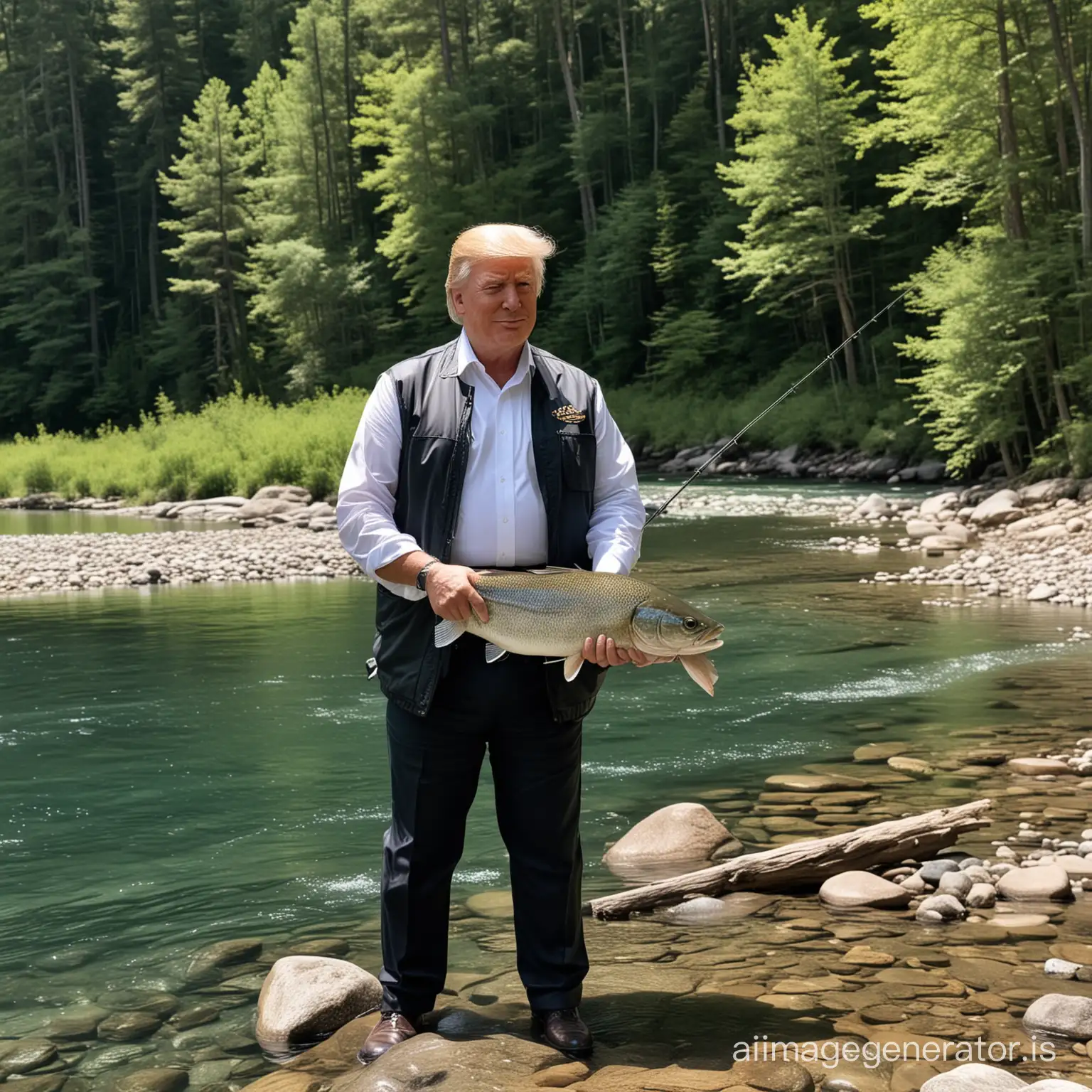 Former president Trump enjoying a serene day of fishing beside a crystal-clear river, surrounded by natural beauty,he had captured one large fish which is kept beside him, majestic scenery.