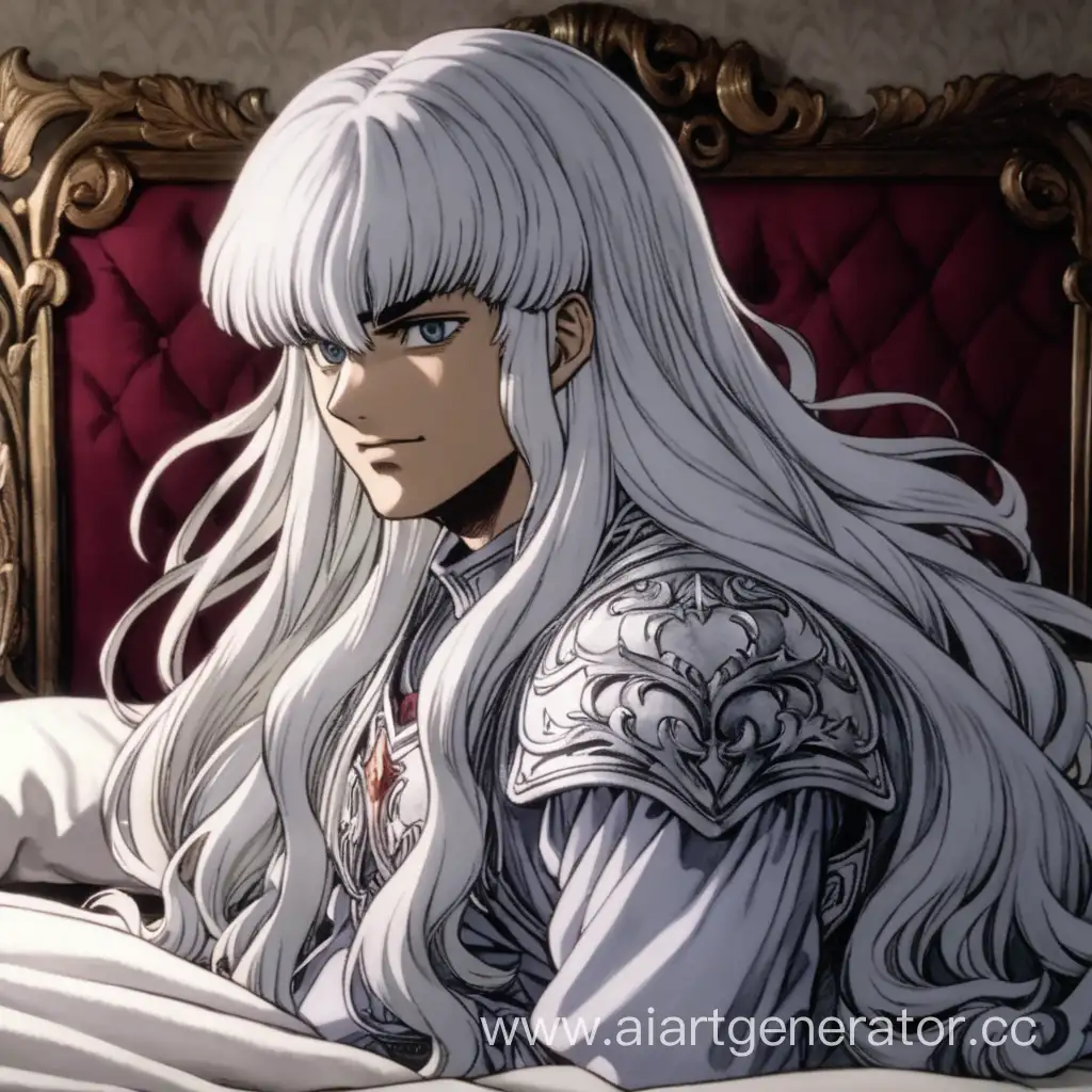 Griffith from the anime Berserk with long white wavy hair poses on the bed