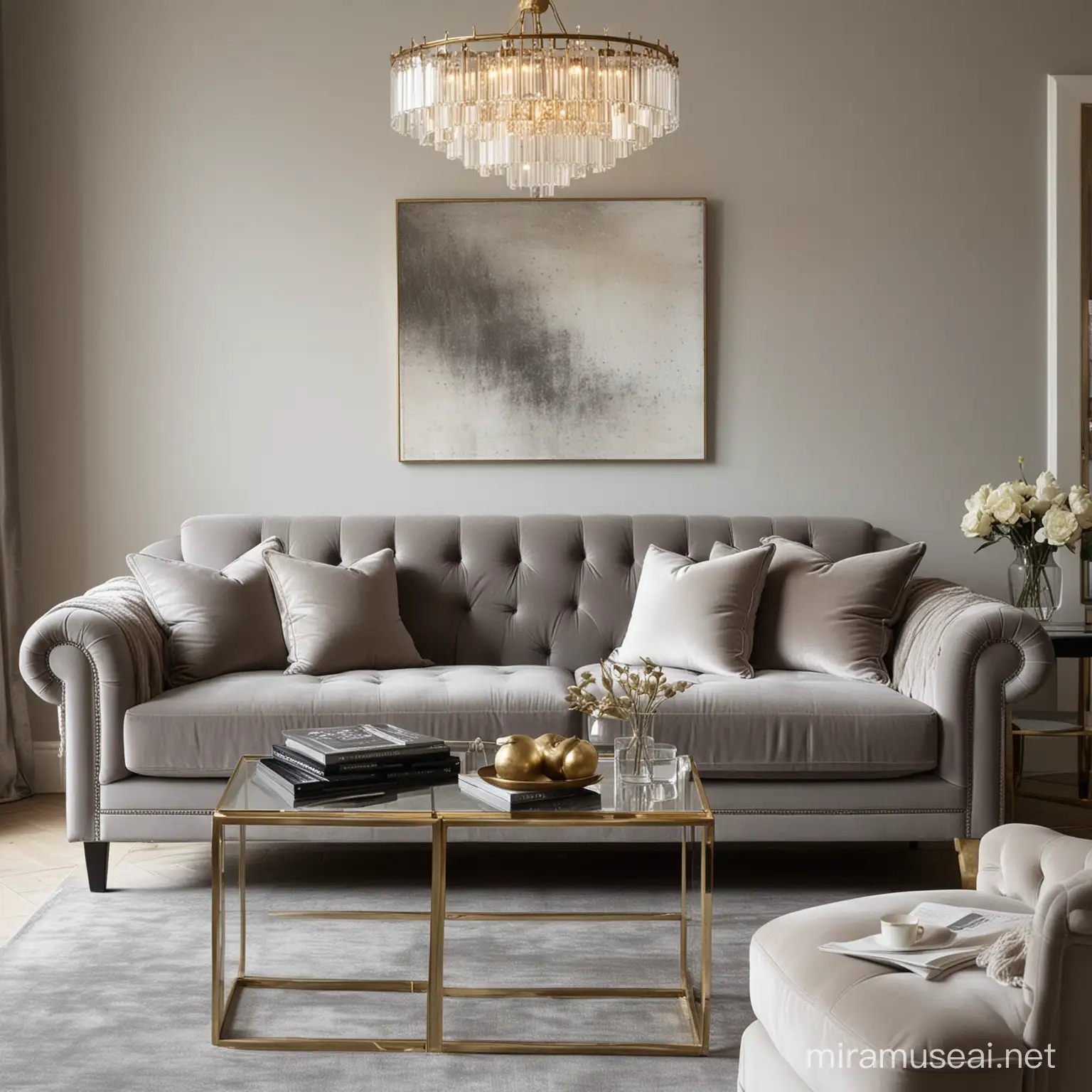 modern, elegant, amazing glass brass lamps, velvet grey sofa, grey, taupe, off white living room