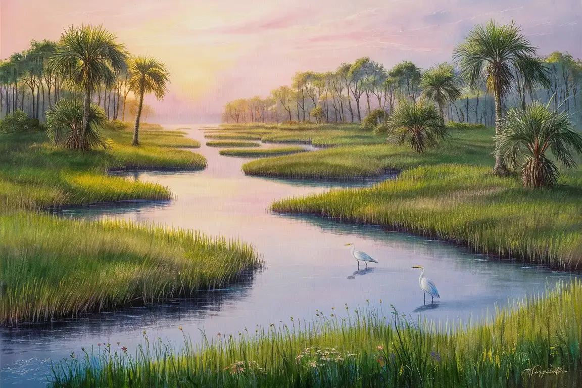 Imagine a serene scene capturing the essence of a Lowcountry marsh in South Carolina, illuminated by the soft, golden light of sunrise. The landscape is a harmonious blend of natural beauty, where the sky, awash with the gentle hues of dawn—pinks, oranges, and light blues—reflects onto the tranquil waters of winding tidal creeks. These meandering waterways cut through the marsh, creating a complex network of channels that are bordered by lush, green grasses and sporadic groups of palmetto trees, their fronds gently swaying in the morning breeze. In the foreground, delicate wildflowers add splashes of color, while a pair of egrets wade gracefully in the shallow waters, searching for their breakfast. The scene is peaceful and untouched, a perfect representation of the Lowcountry's unique and captivating landscape at the start of a new day. The style of the painting should aim to capture the tranquility and natural beauty of this setting, with a focus on the subtle interplay of light and color that defines the sunrise over the marsh.