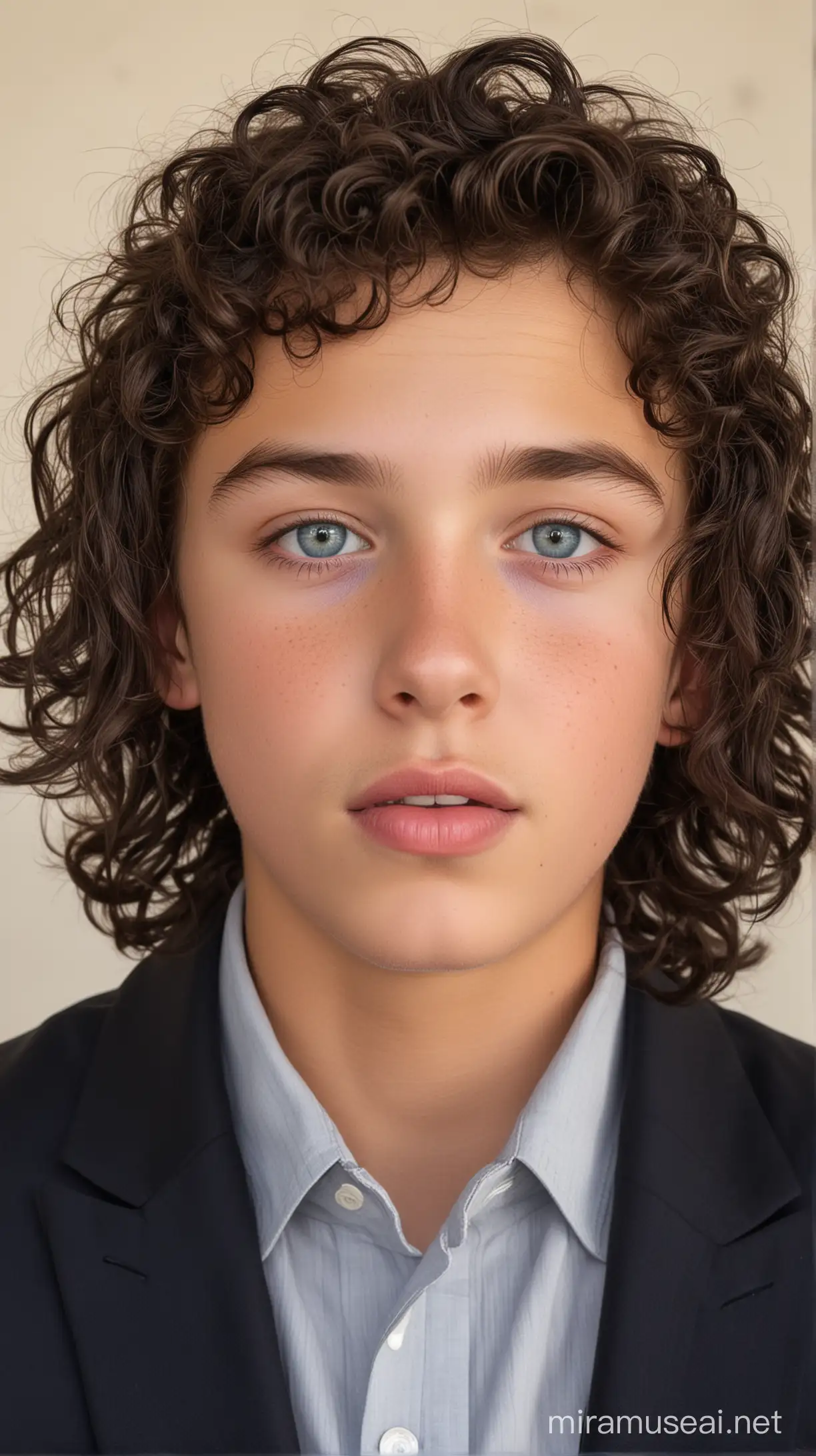 A 13 year old white with a little tan boy with small blue eyes, wide lips, small nose, weak jawline and long black curly backbrushed hair wearing a blazer