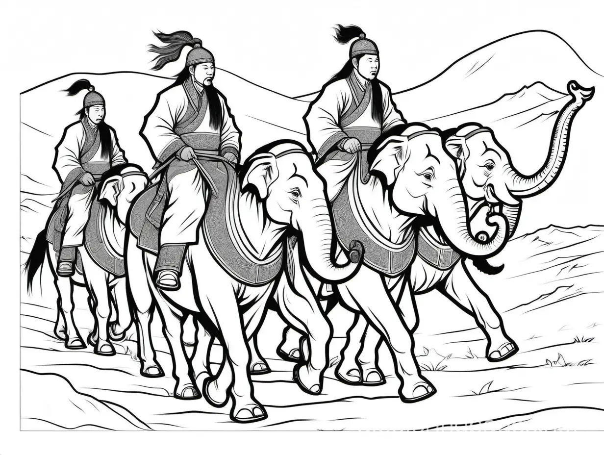 Gustace Dore, Mongolian horsemen, elephant walk, Coloring Page, black and white, line art, white background, Simplicity, Ample White Space. The background of the coloring page is plain white to make it easy for young children to color within the lines. The outlines of all the subjects are easy to distinguish, making it simple for kids to color without too much difficulty