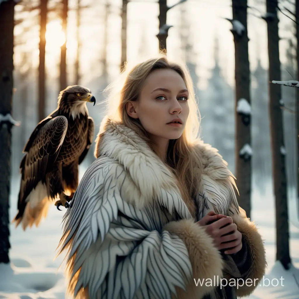 Mystical-Winter-Portrait-Swedish-Model-with-Majestic-Eagle-in-Golden-Hour