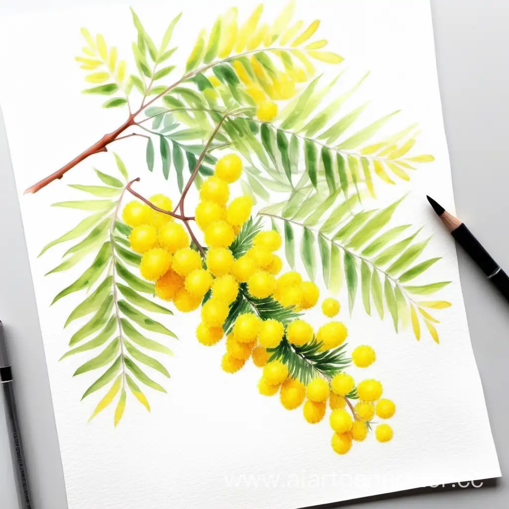 Yellow-Mimosa-Flower-Watercolor-Painting-on-White-Background