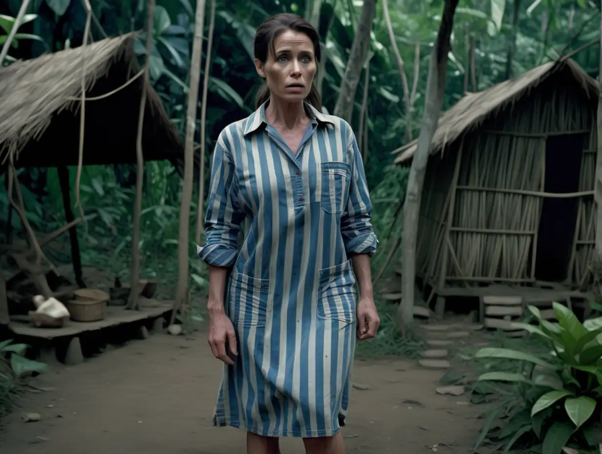 A busty prisoner woman (40 years old) stands in a jungle tribal village in worn dirty blue-white vertical wide-striped longsleeve midi-length buttoned sackdress (a big printed "478" label on chest pocket , short brunette low pony hair, sad and ashamed), three naked jungle tribe warriors standing around her
