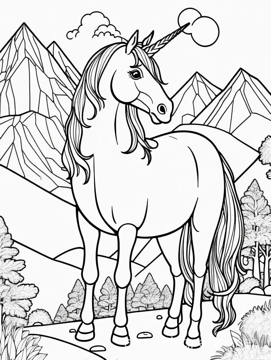 unicorn in the mountain, Coloring Page, black and white, line art, white background, Simplicity, Ample White Space. The background of the coloring page is plain white to make it easy for young children to color within the lines. The outlines of all the subjects are easy to distinguish, making it simple for kids to color without too much difficulty