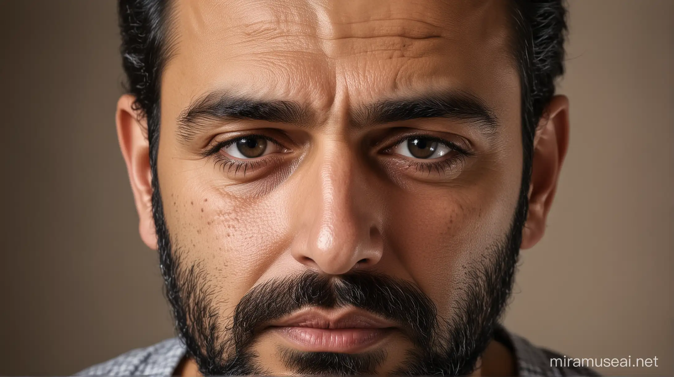 a close up of a  40 year old man arab man looking very sad and misterable.