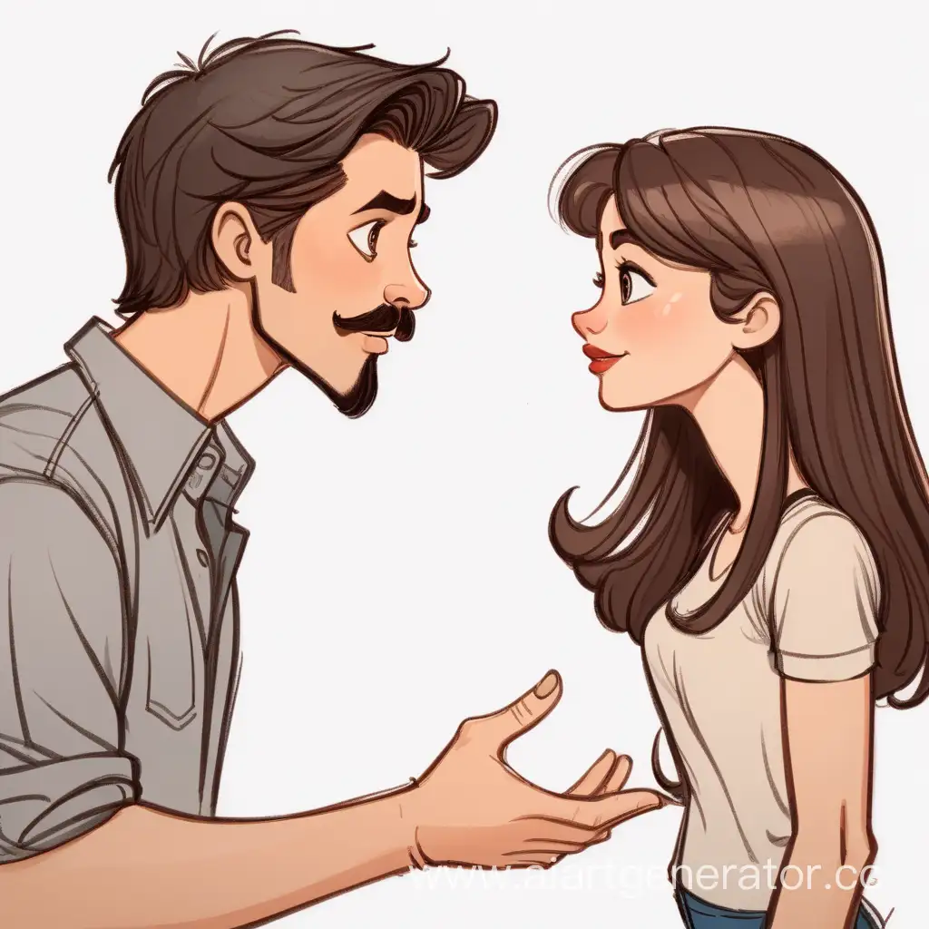 Drawing in the style of Disney: a modern brunette guy with short hair, mustache, and goatee, chatting with a brunette girl with long hair from a distance.