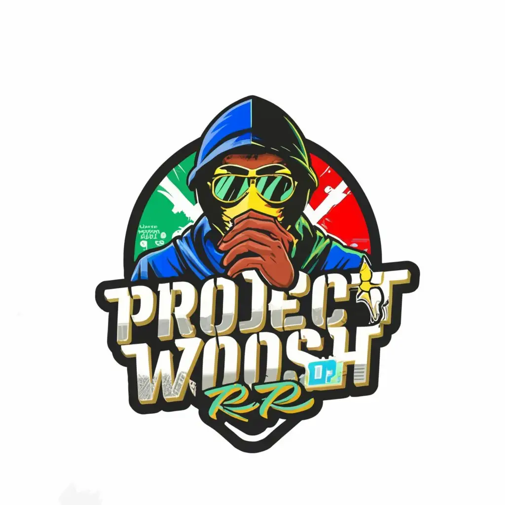 a logo design, with the text PROJECT WOOSH RP, main symbol: JAMAICAN GANGSTER WITH A BLUE Balaclava COVERING HIS FACE WITH A CITY BEHIND HIM, Moderate, clear background