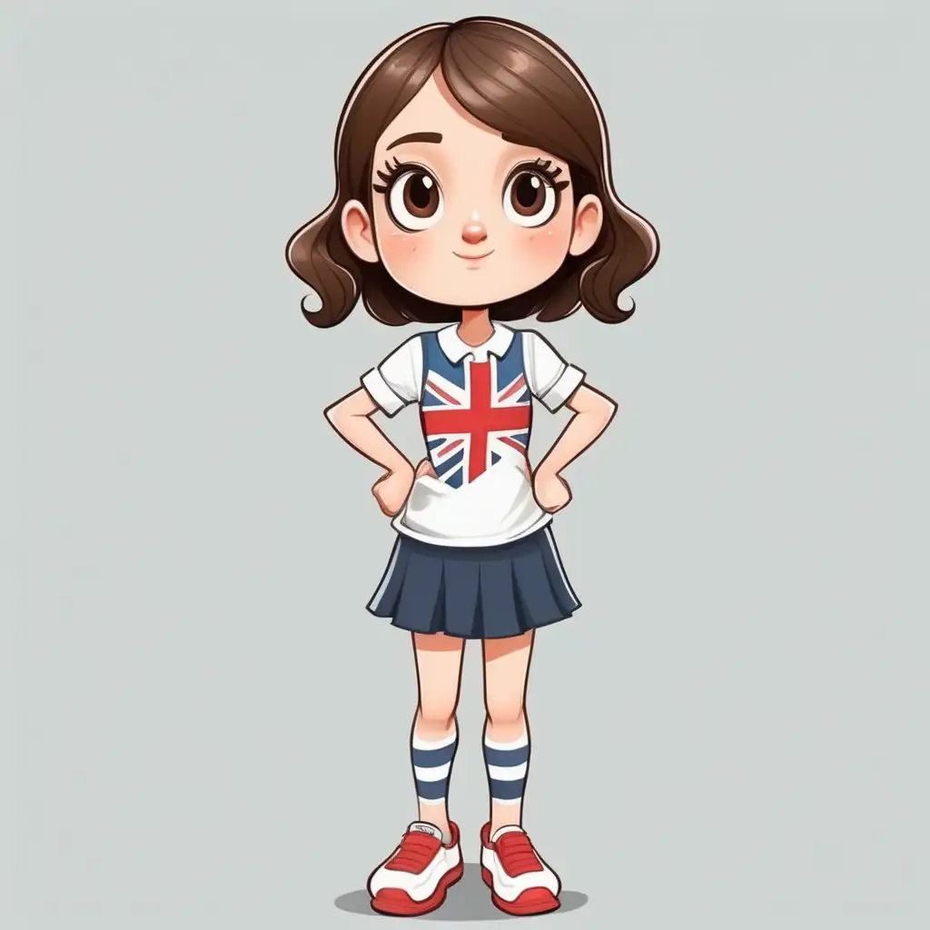 Adorable Cartoon Illustration of an English Girl with Expressive Face and Playful Pose