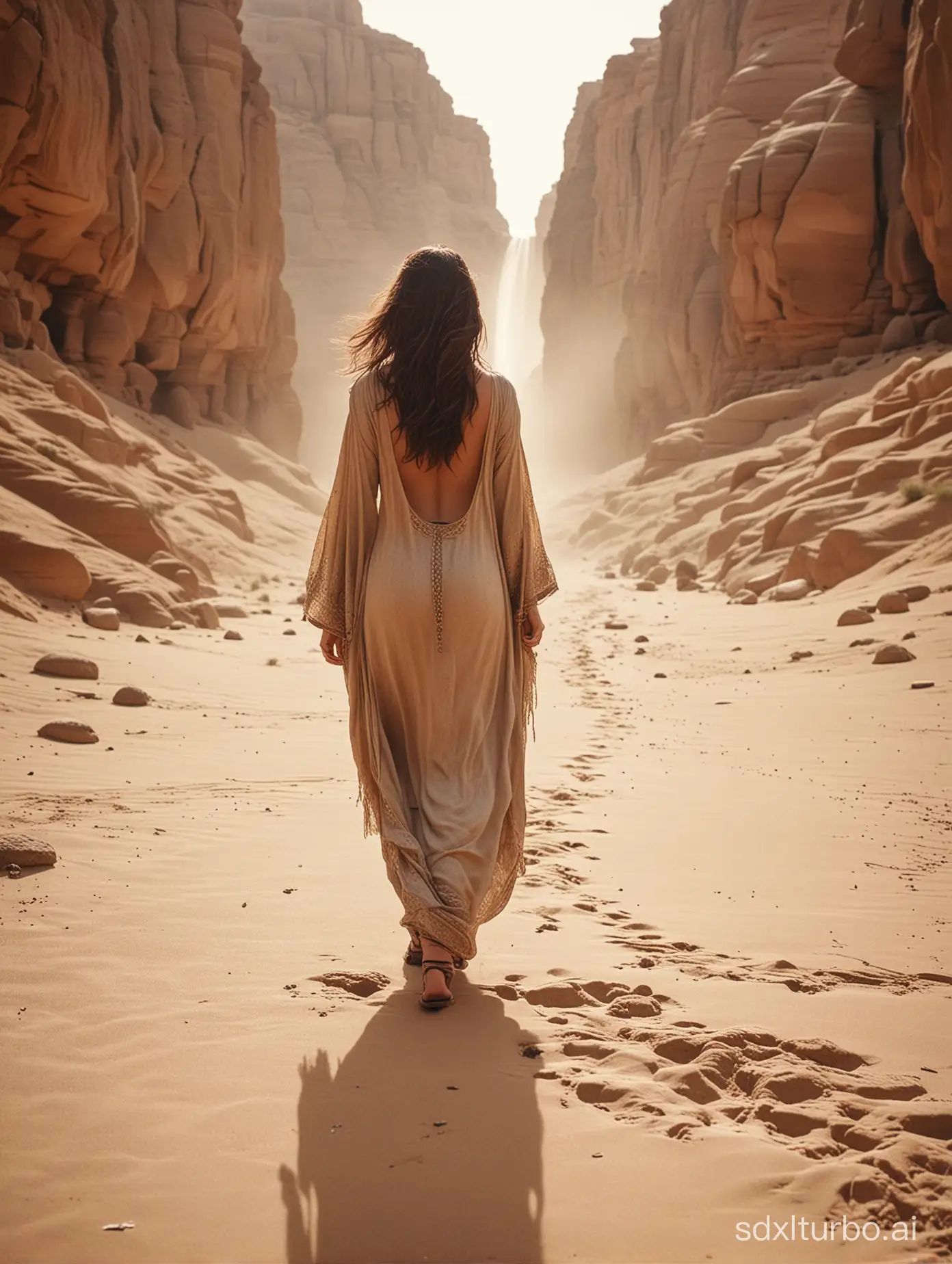 Professional back photo. Sharp focus. Film grain. Vintage Bokeh. Soft lighting.grainy low contrast flat look of the photo. Vintage aesthetics. from back. Full body ultra wide angle of young Persian female living in ancient time walking away from viewer in very far distance from viewer. Extremely huge tall waterfall in desert surrounded by huge Sand dunes. Extremely Revealing Persian clothing. sweating skin. Camels. From behind. Far back shot. Grainy vintage  look of the photo. 