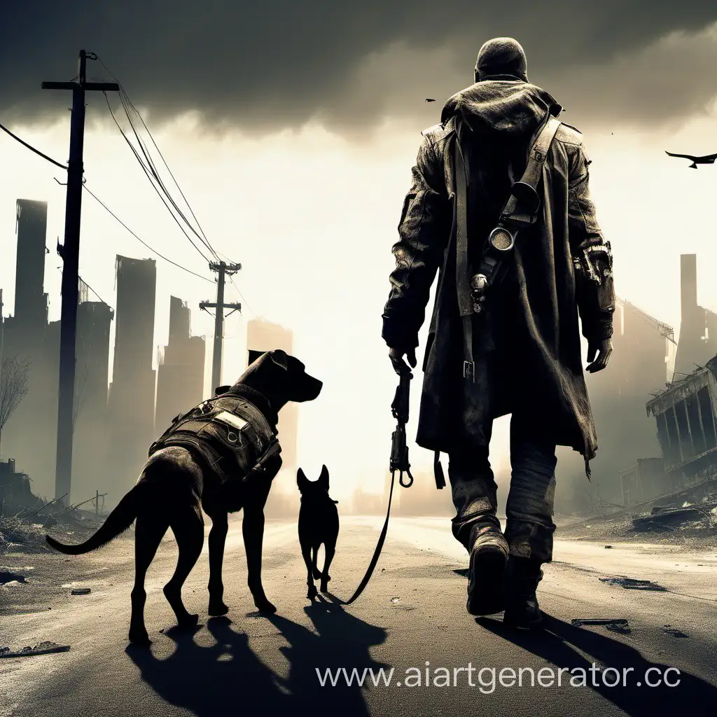 Lonely world post apocalypse man and dog best friends alone walking