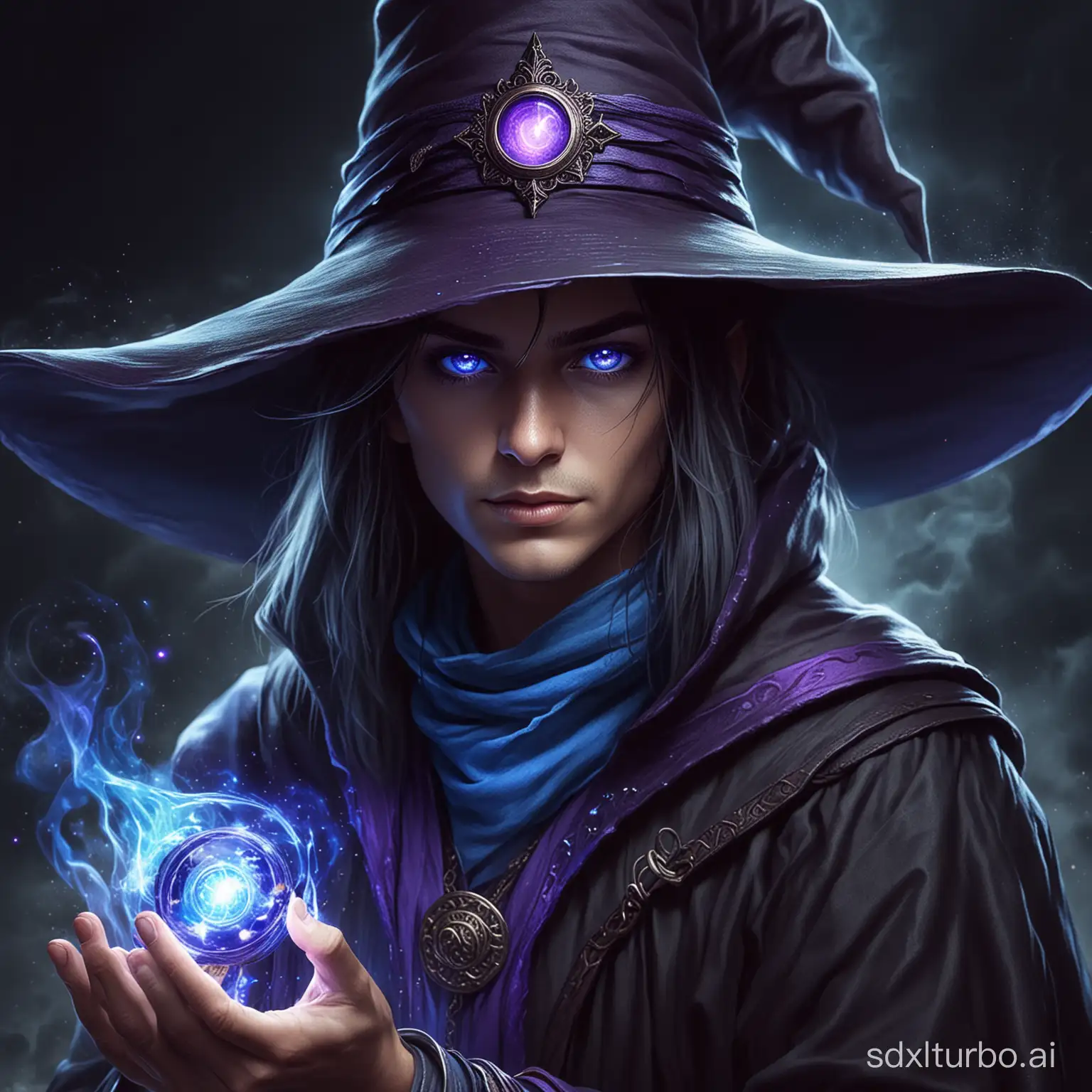 dark mage with purple eyes and blue magic hat