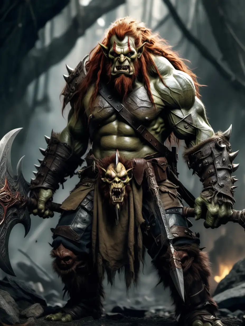 An image of a ginger huge savage orc with long messy hair and beard with full weaponary, looking like the tolken orcs in a detailed fantasy style