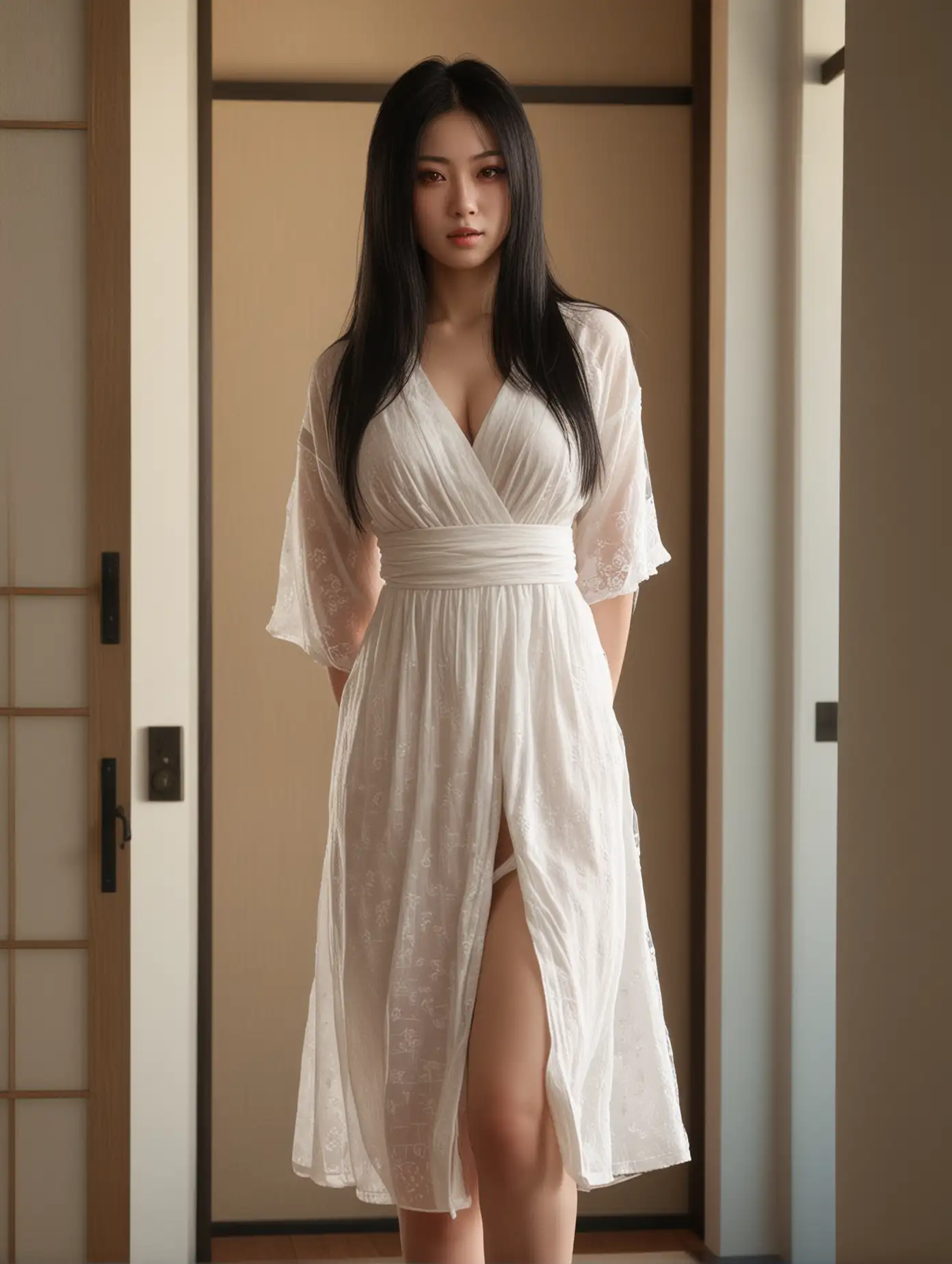 Hasshaku-sama, 8ft tall pale voluptuous Japanese woman, long straight black hair, dark red eyes, tight soft white summer dress, standing over viewer seductively, Japanese room with sliding doors, night time, horror lighting,

highly detailed, random details, imperfection, detailed face, detailed body, detailed skin textures, skin pores, detailed colours hues tones patterns,