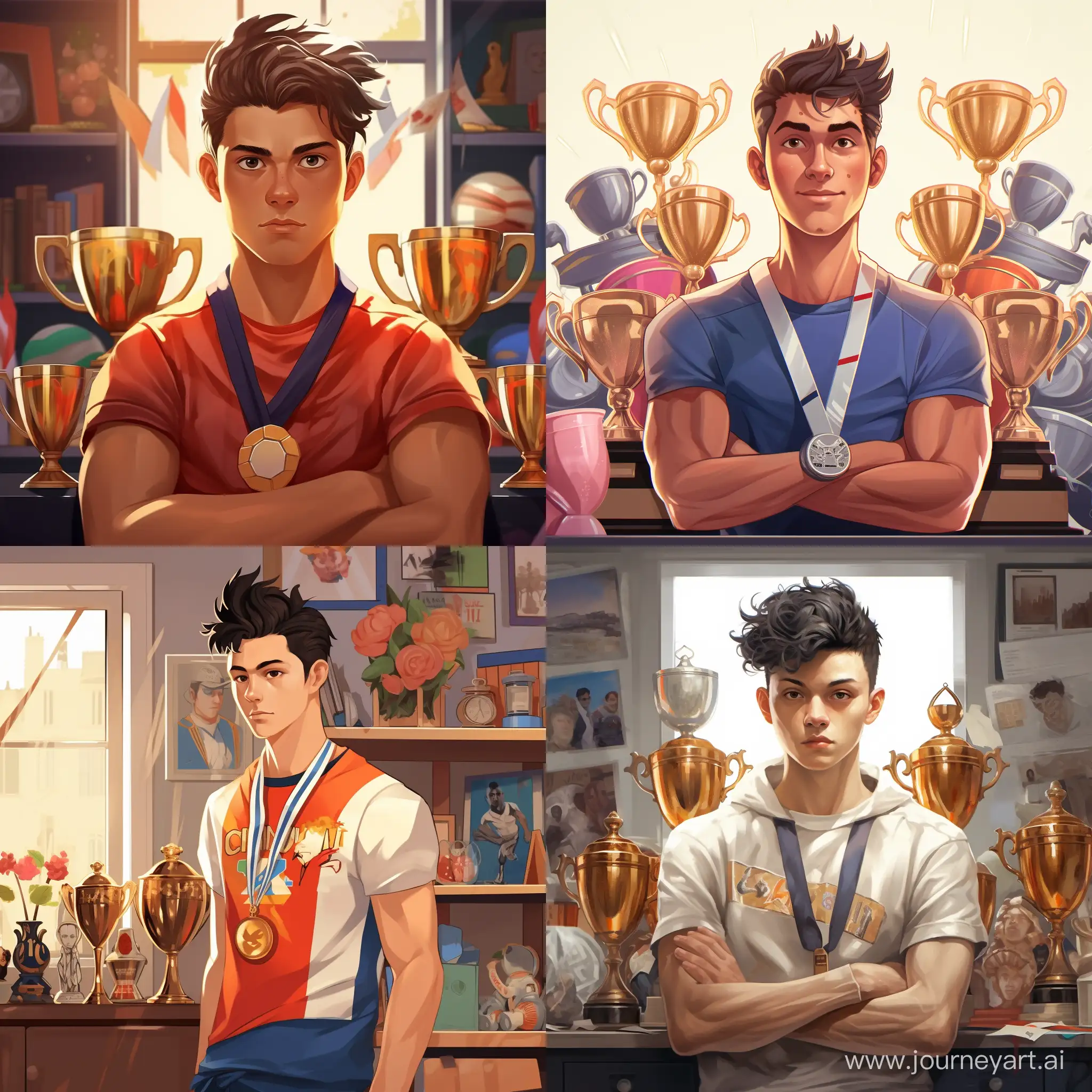 Focused-Athlete-with-Medals-and-Cups-Short-Hairstyle-and-Dark-Hair