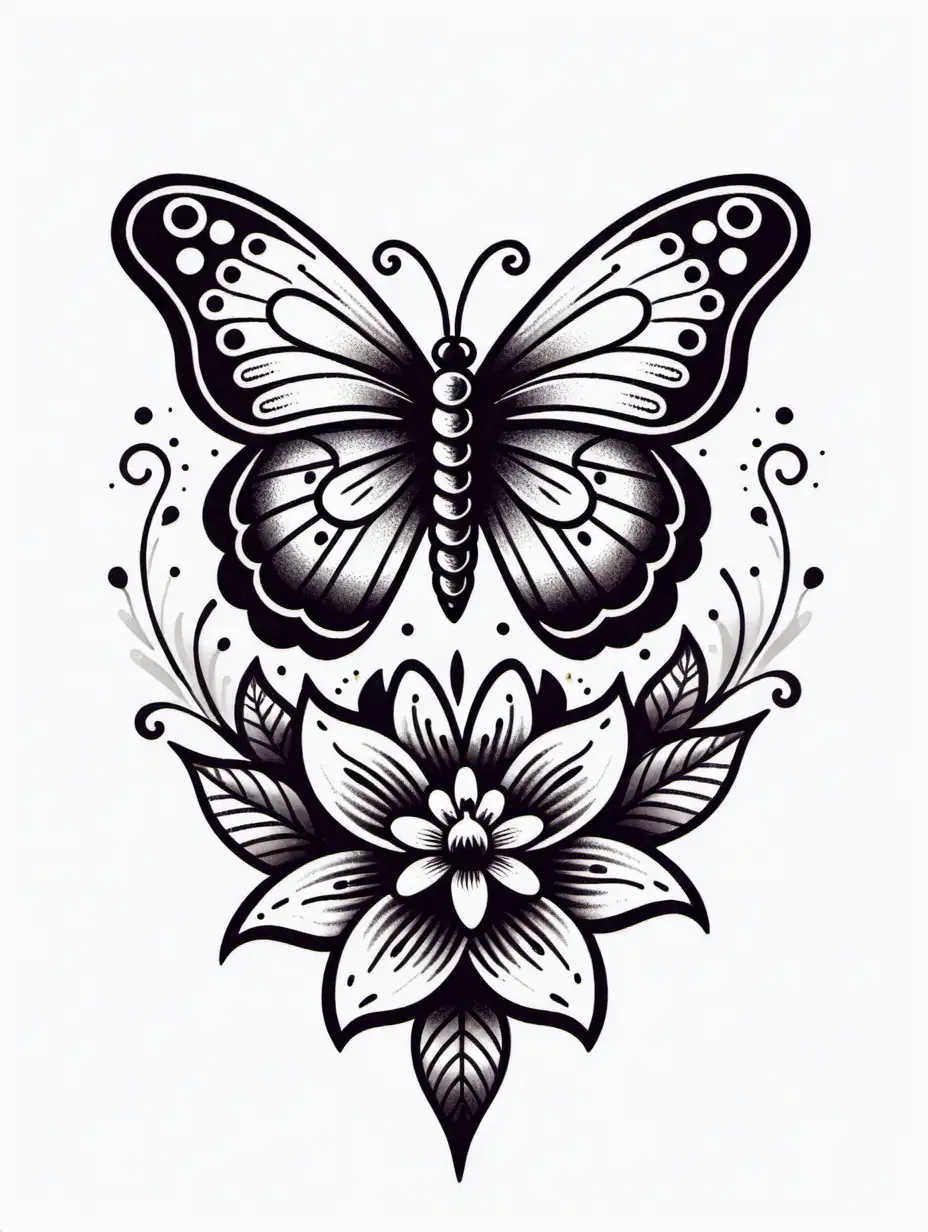 Vintage Rockabilly Butterfly and Flower Seamless Pattern on White Background