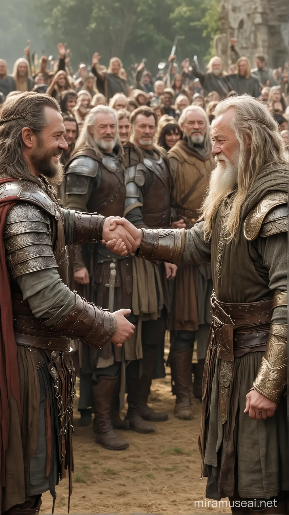 Caesar shaking hands with King Theoden, with people cheering in the background.