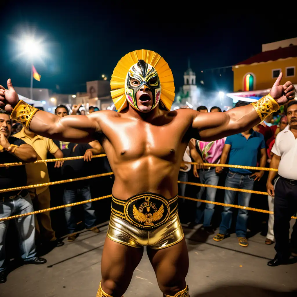Golden EagleThemed Mexican Wrestler Ignites Nighttime Fiesta in Town Square