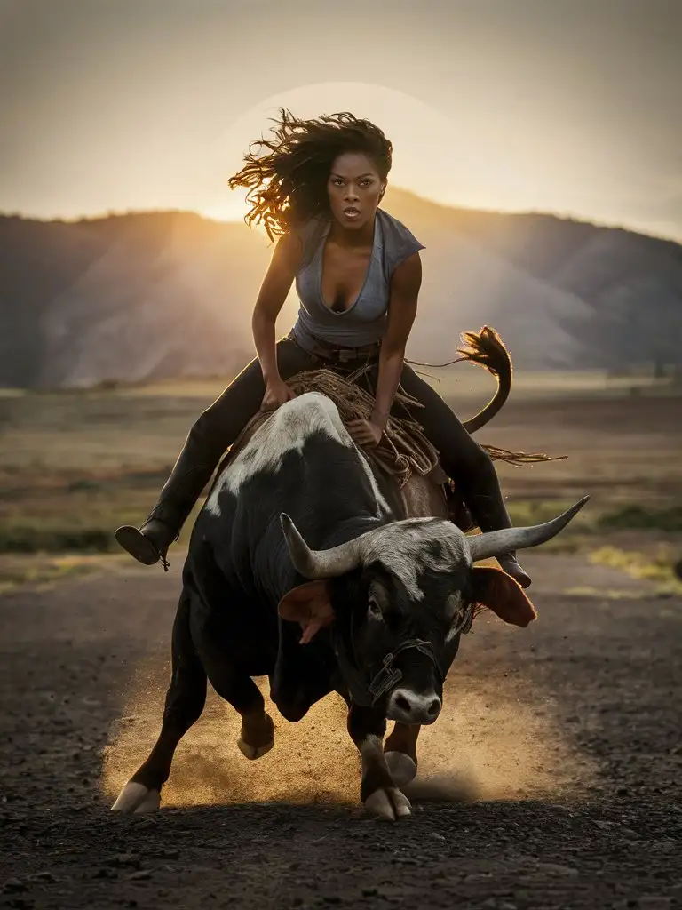african american woman riding a bull with sunset background
