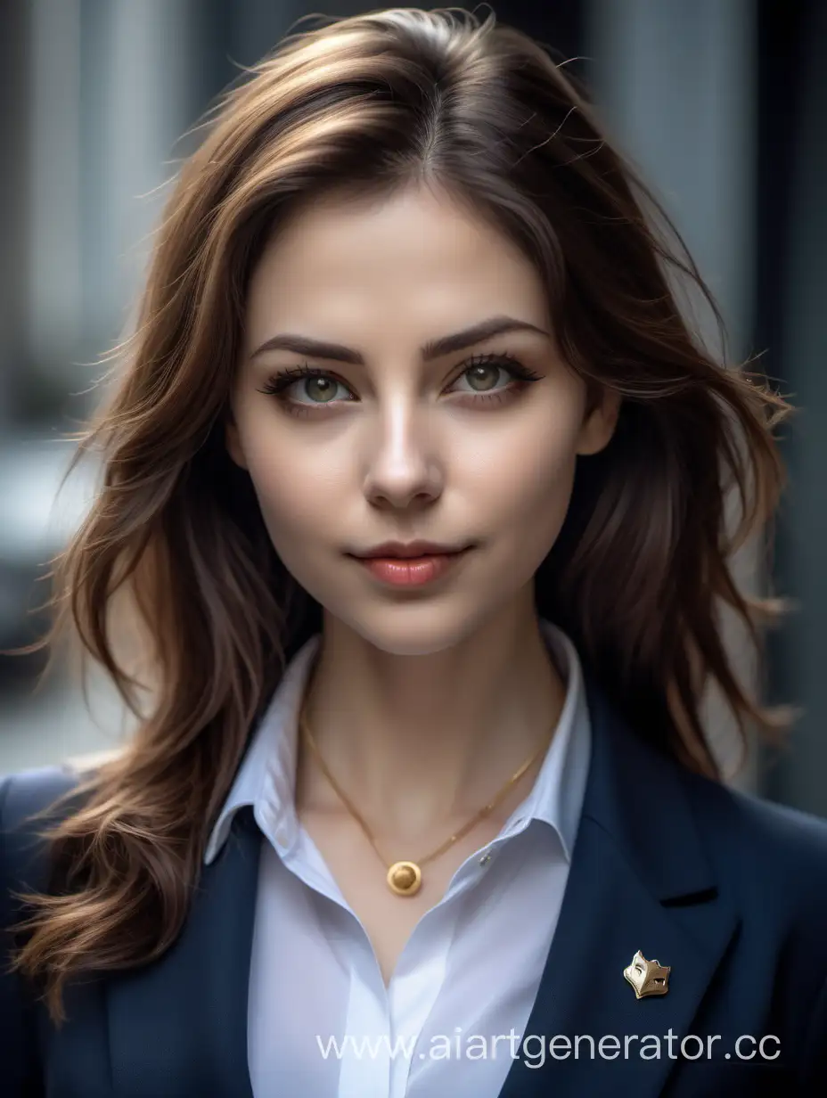 Charming 34-year-old girl in a business suit, dark blue, white shirt, buttons undone. There is one very small badge on the jacket lapel. Thin, straight nose. Plump lips. "Fox" eyes with long eyelashes. Eye color is brown. There is a gold chain around the neck. A European type face, very beautiful, with a small dark mole above the lip! The hair is long, wavy, light gray. attractive, sexy. The girl is a leader, you can see it in her eyes, but nevertheless she is cheerful. Photo for publication on a social network on an avatar. The background is light - a study. Angle -3/4. The effects should look as realistic as possible