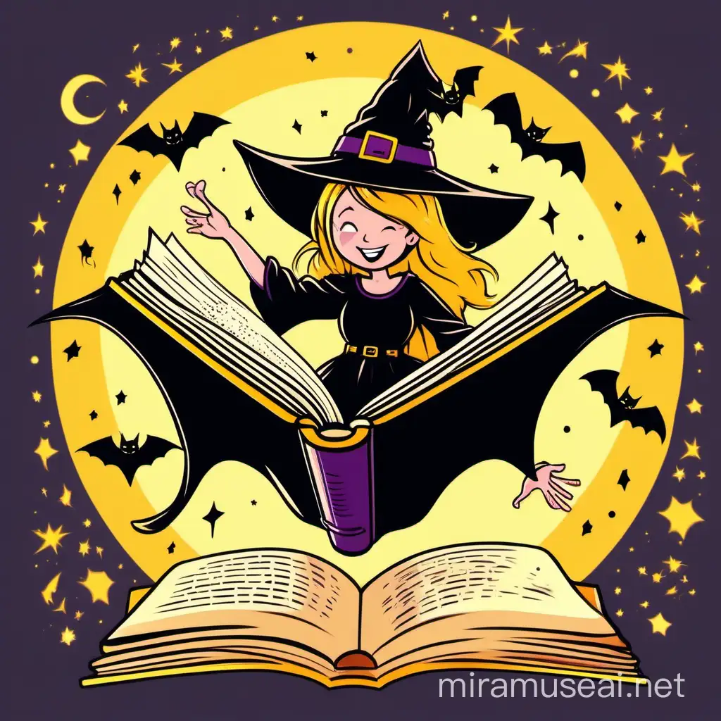 Cute, adorable, cheerful, cartoon-like witch reading a book of spells and black bat, hanging upside down. big yellow circle in the background. 
