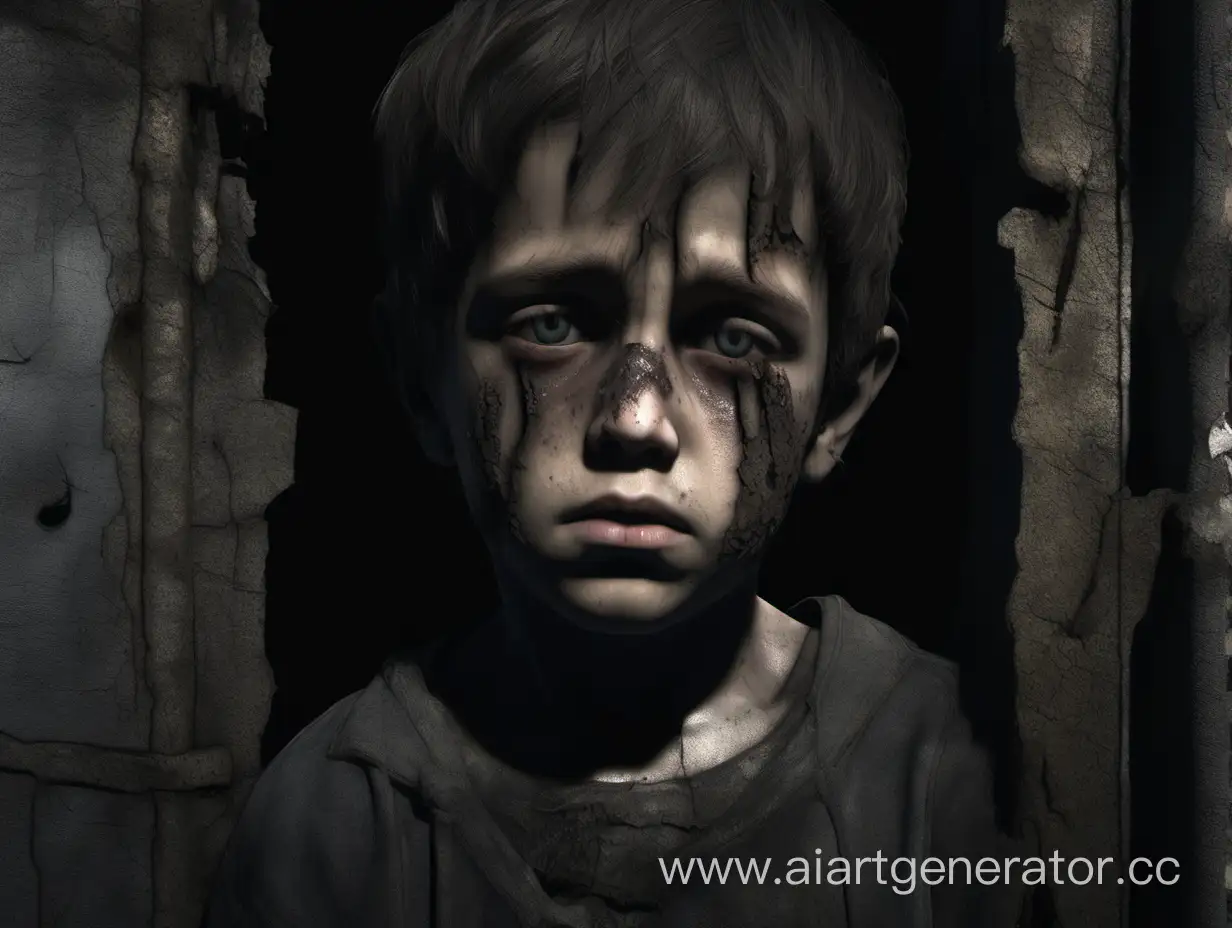 dilapidated dark church, close-up of the face of a sad boy, 4k, ultra realistic, high detail.