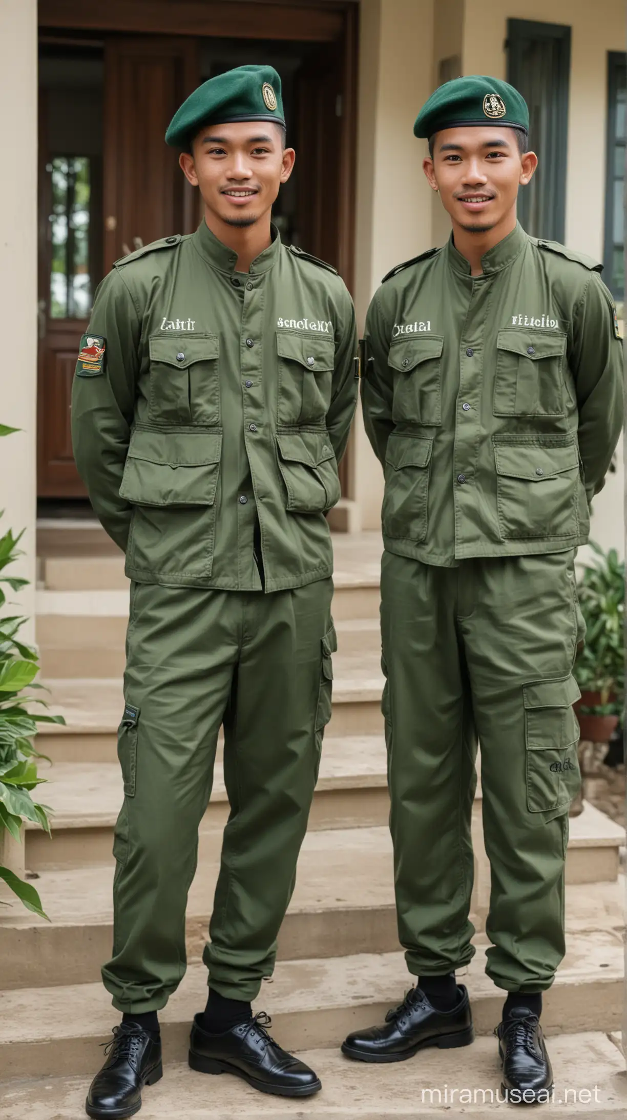 Indonesian LINMAS Officers in Green Stabilo Uniforms at Civilian Gathering