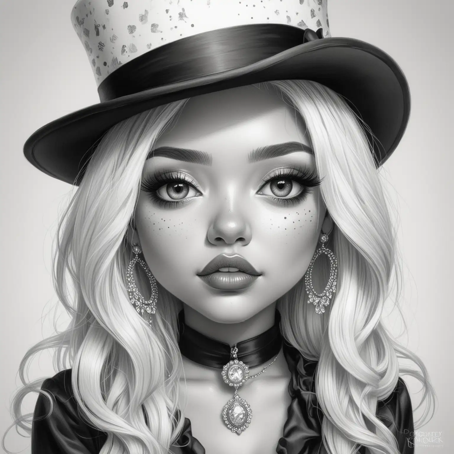 Black and white pencil drawn illustration of a beautiful latina woman, chibi style, with long white hair, plump lips, freckles, long lashes, make up, white background, she is wearing a black and white circus ring leader outfit , jewelry, , she is wearing a top hat, portrait 