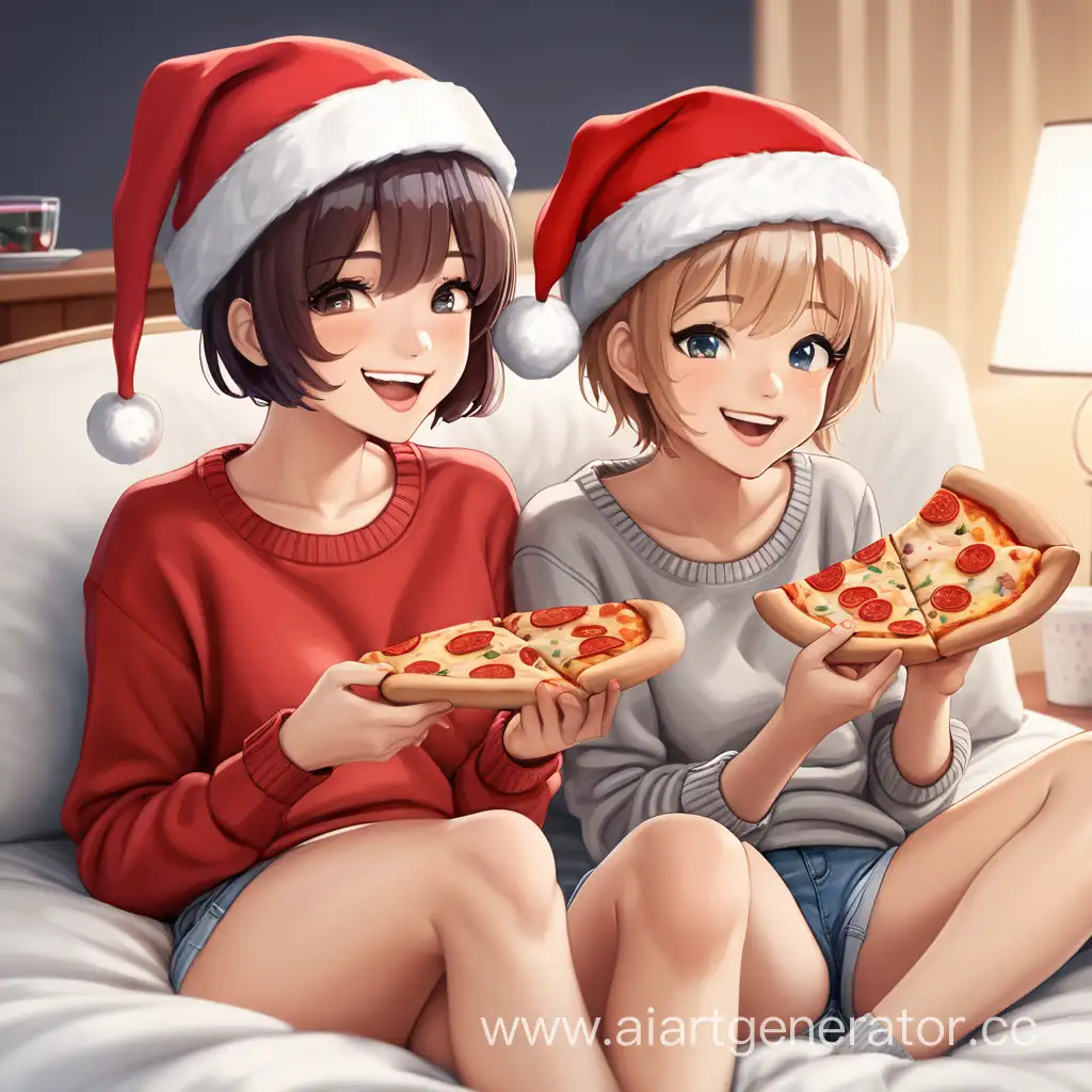 Two-Girls-in-Santa-Hats-Enjoying-TV-and-Pizza-on-Bed