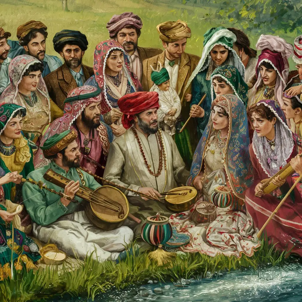 old painting of vintage Persian men and women celebrating Sizdah Bedar in nature while playing music.
