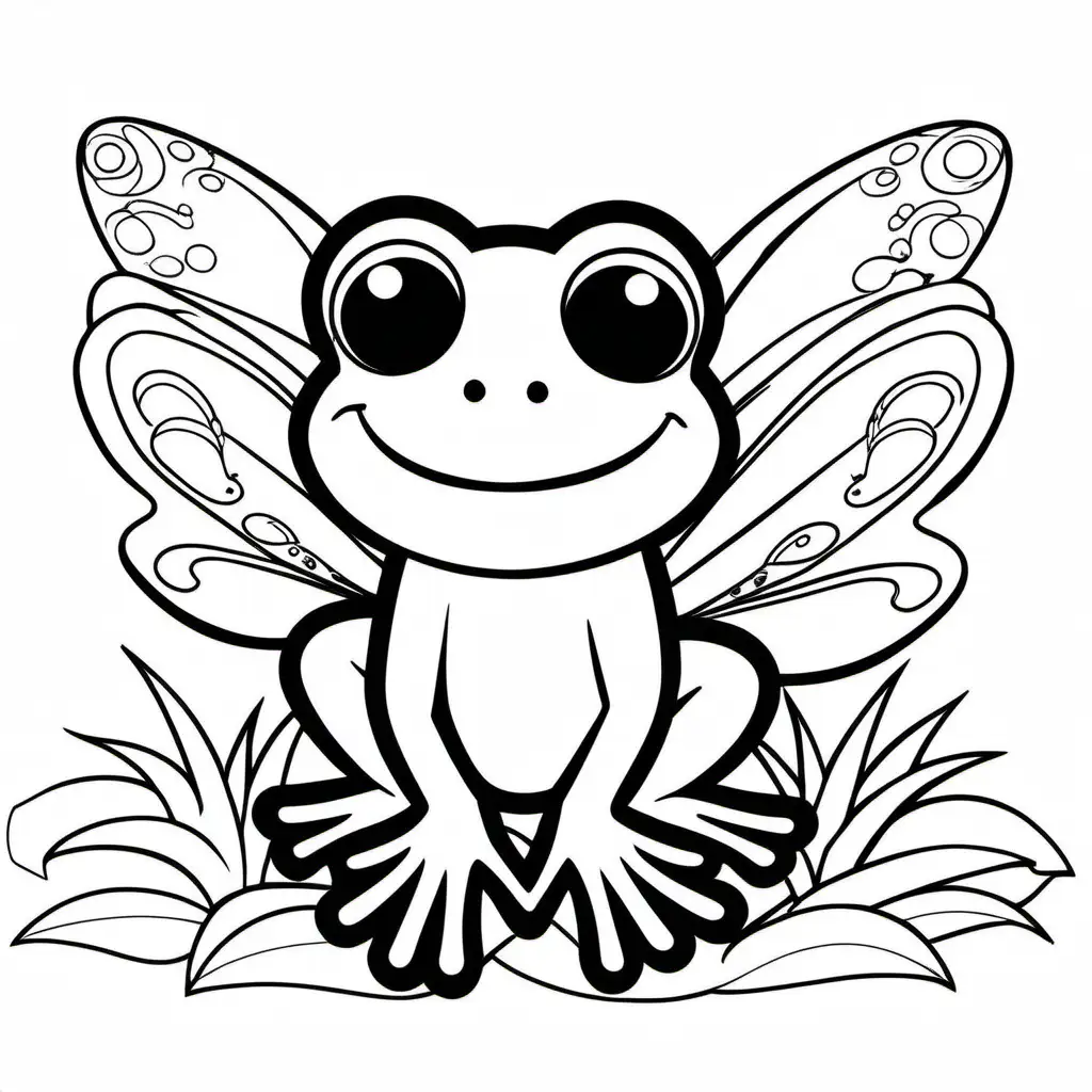 a frog with fairy wings, Coloring Page, black and white, line art, white background, Simplicity, Ample White Space. The background of the coloring page is plain white to make it easy for young children to color within the lines. The outlines of all the subjects are easy to distinguish, making it simple for kids to color without too much difficulty