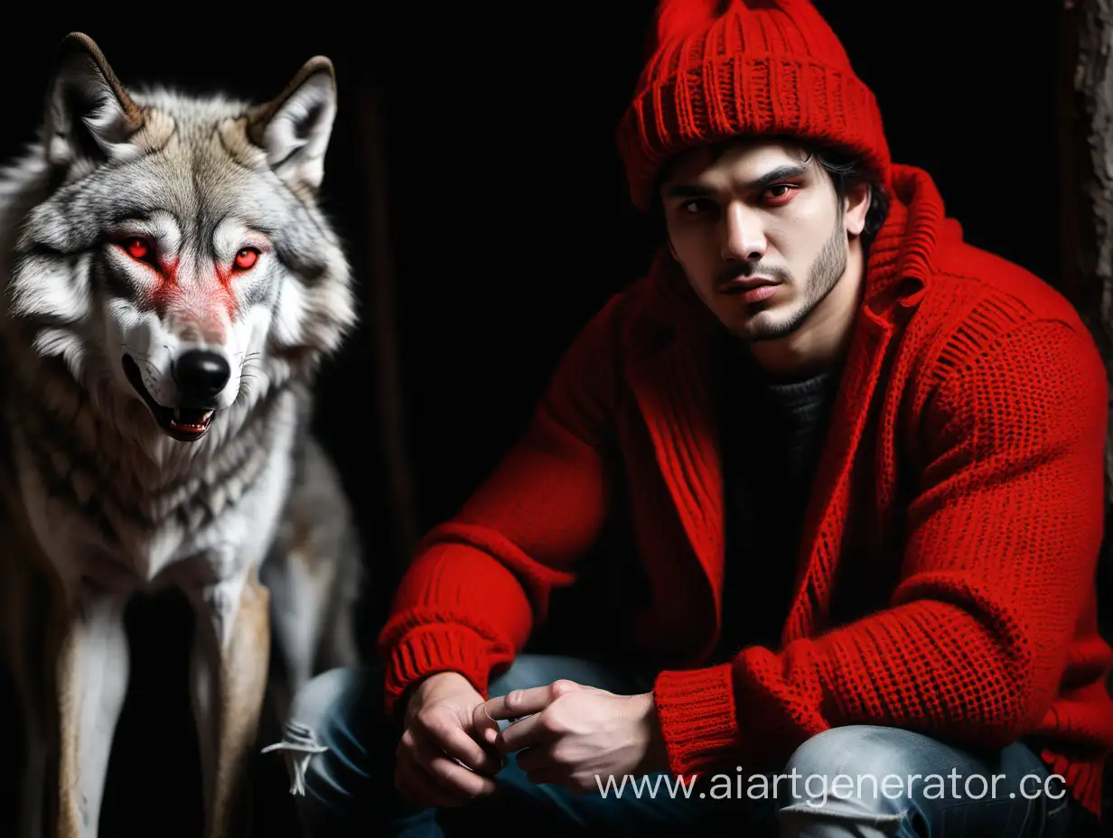 Брутальный парень в меховой шапке и  вязанном красном свитере присел возле волка. 