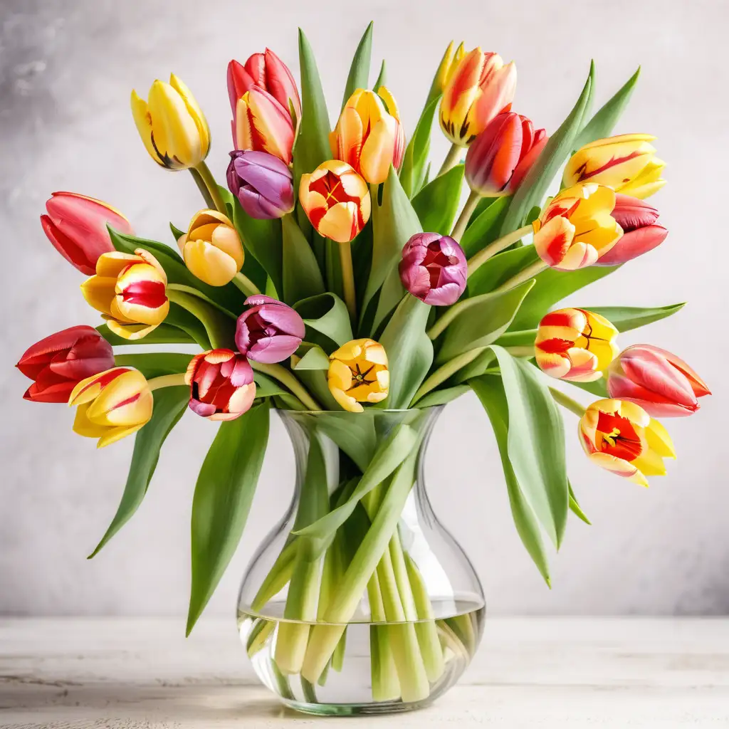 Vibrant Tulip Bouquet in Elegant Glass Vase on Light Background