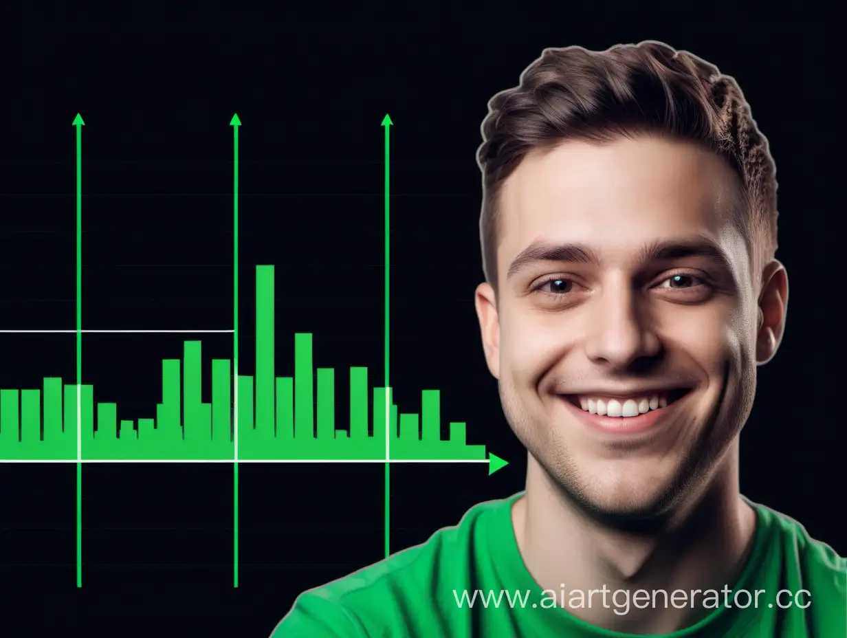 a 8k photo of a 30 year old youtuber guy smiling, background is top half black with lower half depicted as a green up graph arrow