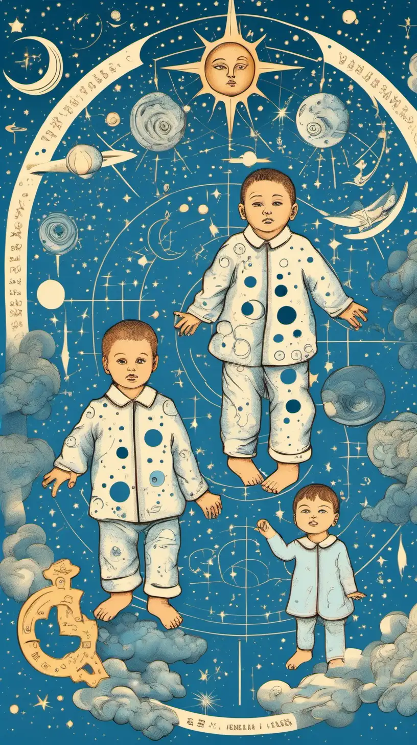 Illustrate twin childs with their parents in a room, with different astrological symbols , representing celestial influences shaping their lives. baby blue