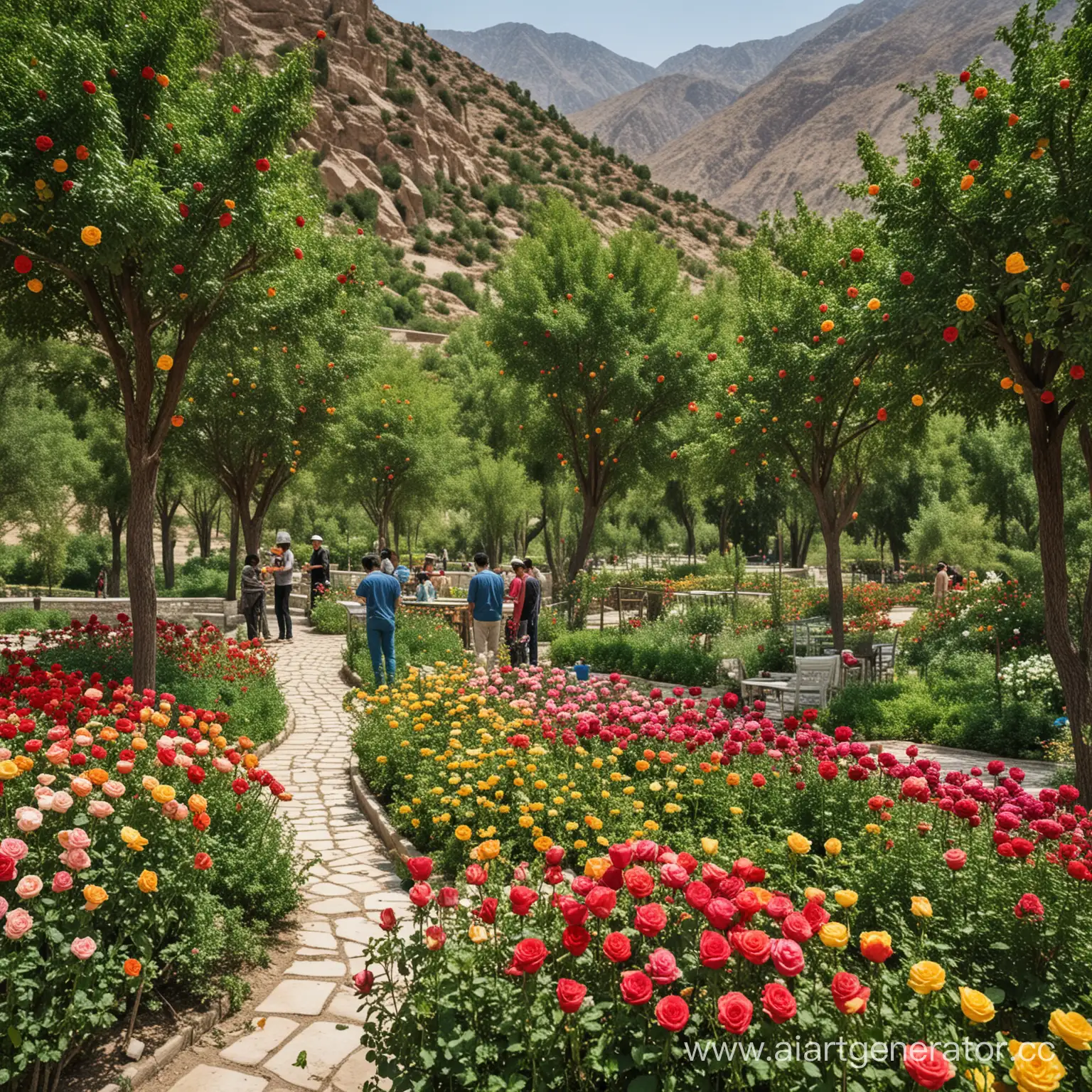 На фоне величественных узбекистанских гор, покрытых свежим зеленым покрывалом, расположен урюковый сад. В этом саду цветут яркие, разноцветные урюки, создавая невероятное зрелище. Среди цветов виднеется тапчан, покрытый изысканными узбекскими узорами и наполненный разнообразными национальными угощениями: сухофруктами, орехами, семечками и сладостями. Вокруг тачана собрались люди, наслаждаясь прекрасной природой и вкусными угощениями в этом уединенном уголке рая. 

рядом готовят плов и шашлык ( мастер класс по приготовлению национальных блюд