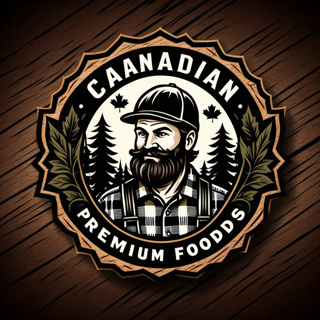 Canadian Premium Foods Lumberjack Logo Illustration of a Strong Lumberjack with Canadian Food Items