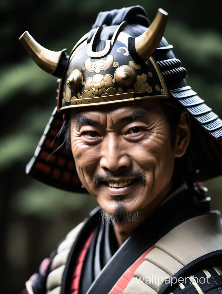 A portrait of a samurai in full head gear looking at you with a gentle smile